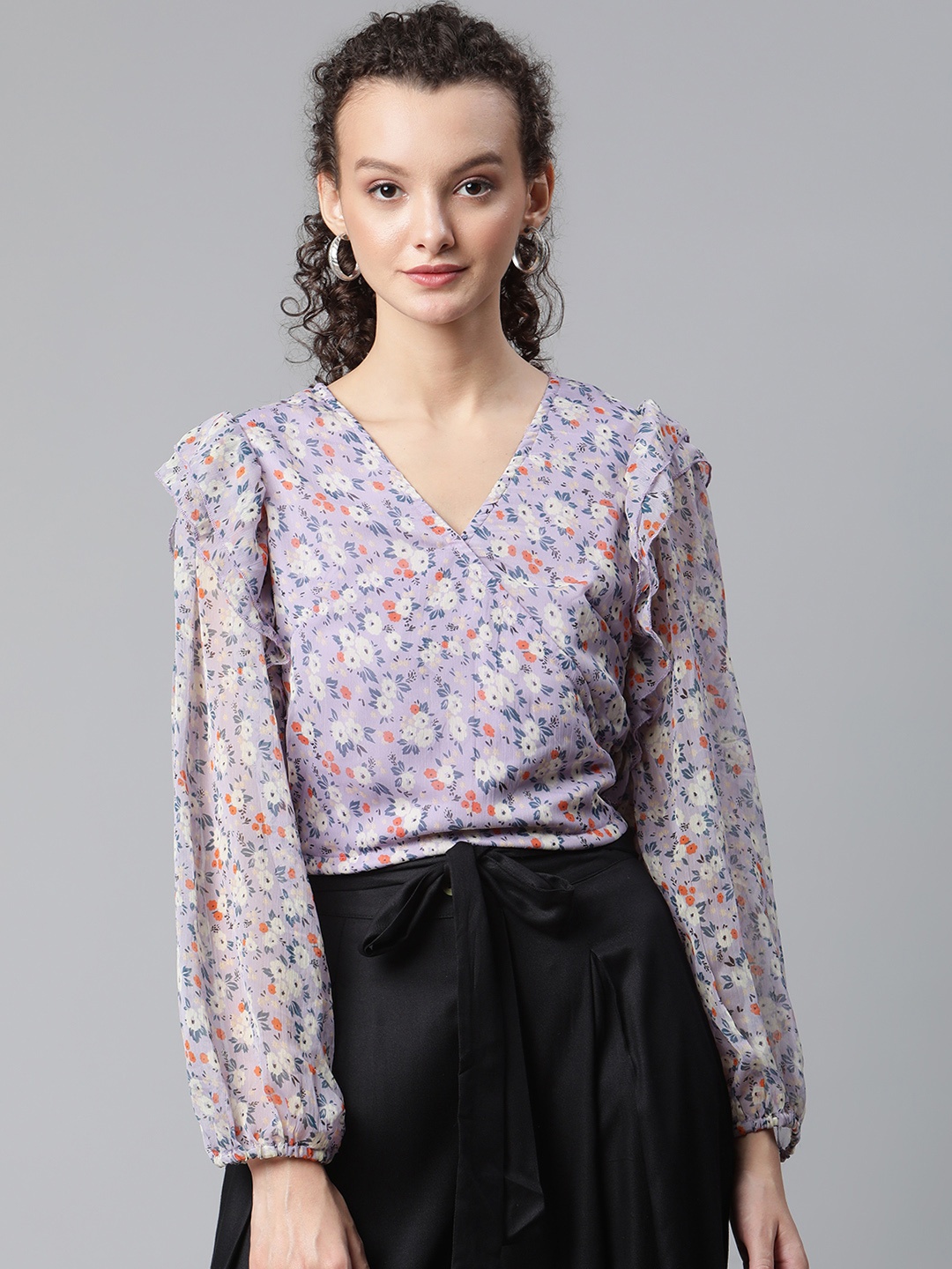 

plusS Women Lavender & Off White Floral Print Wrap Top