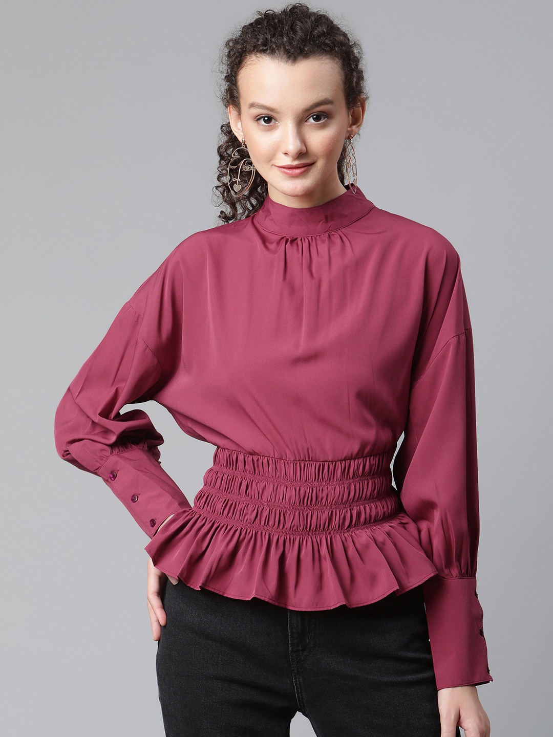 

plusS Women Maroon Solid Smocked Top