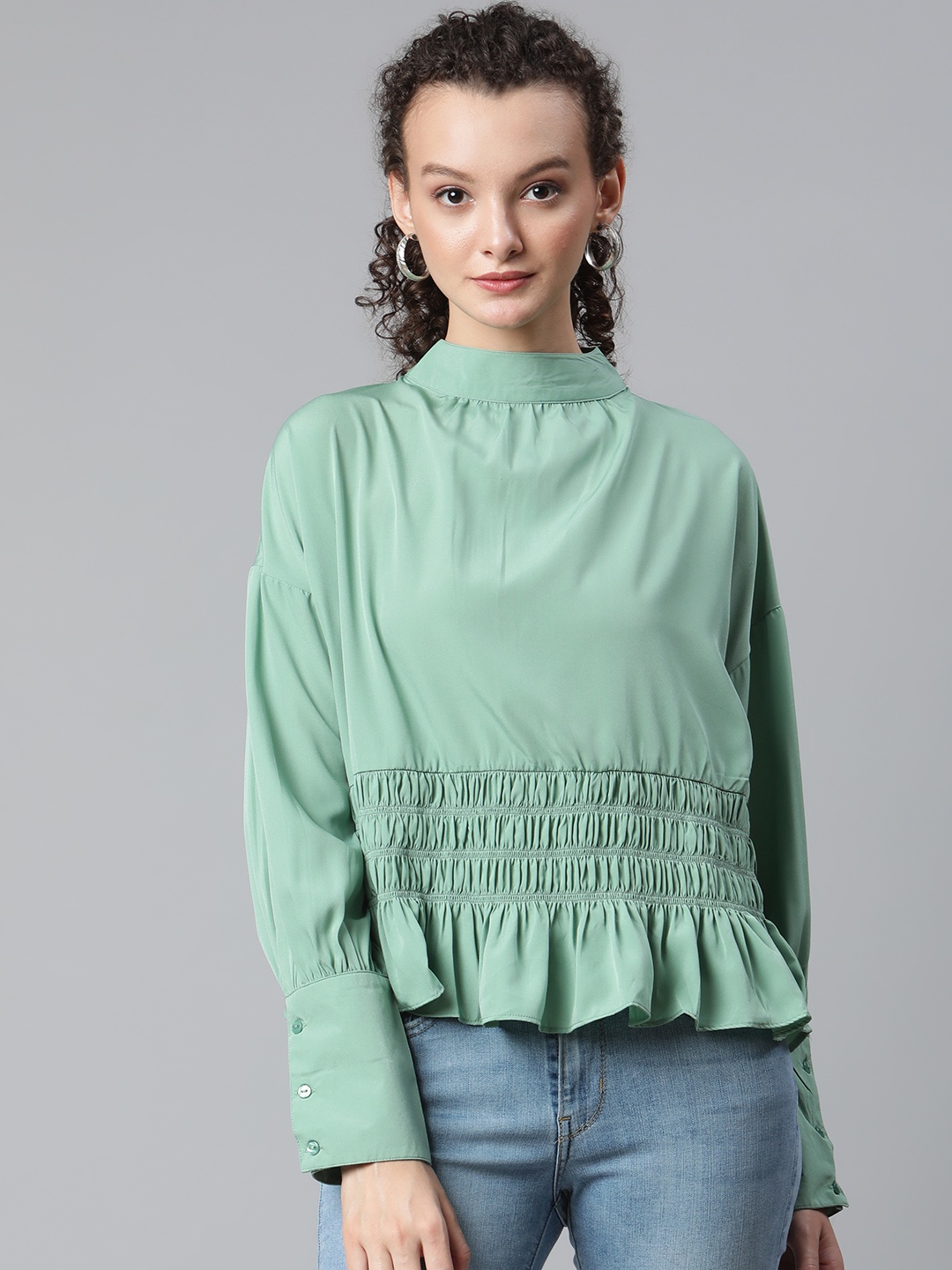 

plusS Women Sea Green Solid Smocked Top