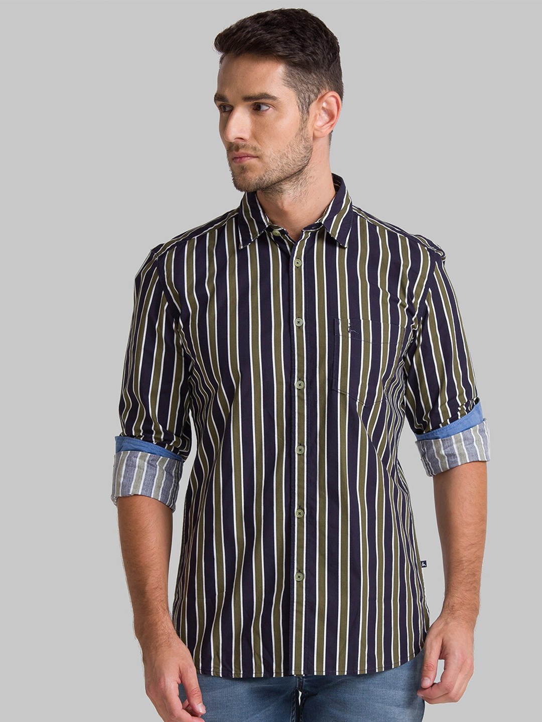 

Parx Men Green Striped Slim Fit Casual Shirt