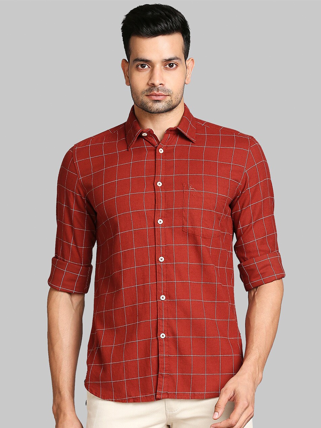 

Parx Men Red Slim Fit Windowpane Checks Checked Casual Shirt