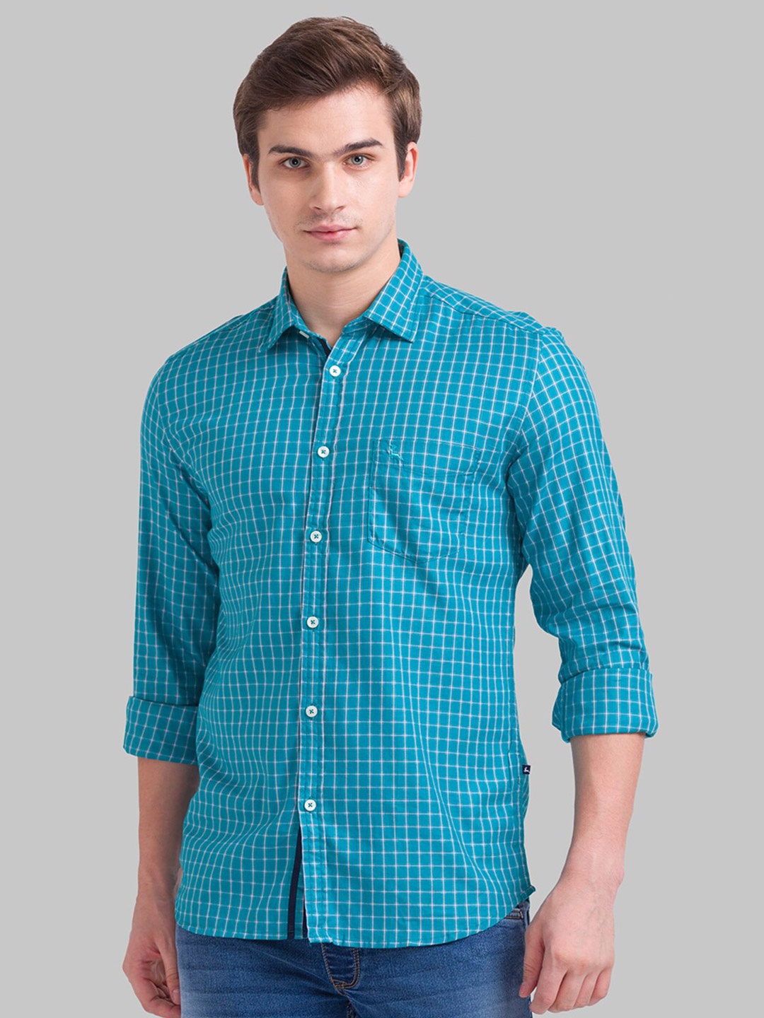 

Parx Grid Tattersall Checked Long Sleeves Slim Fit Casual Shirt, Blue