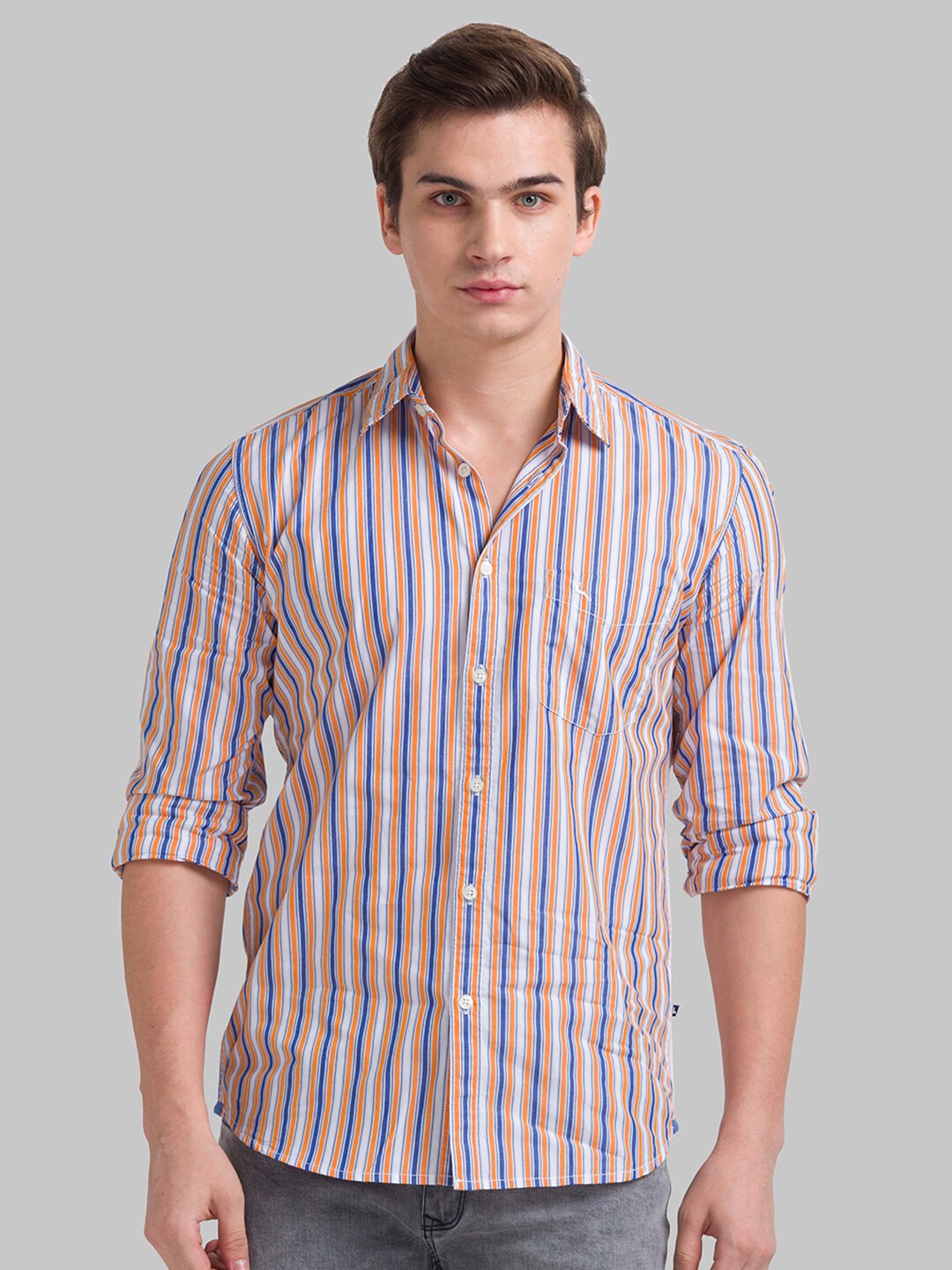 

Parx Men Orange Slim Fit Striped Casual Shirt