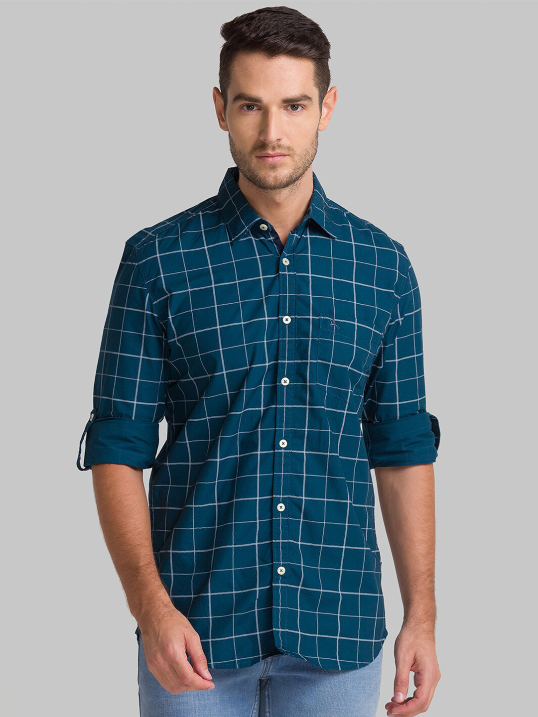

Parx Men Green Slim Fit Windowpane Checks Checked Casual Shirt