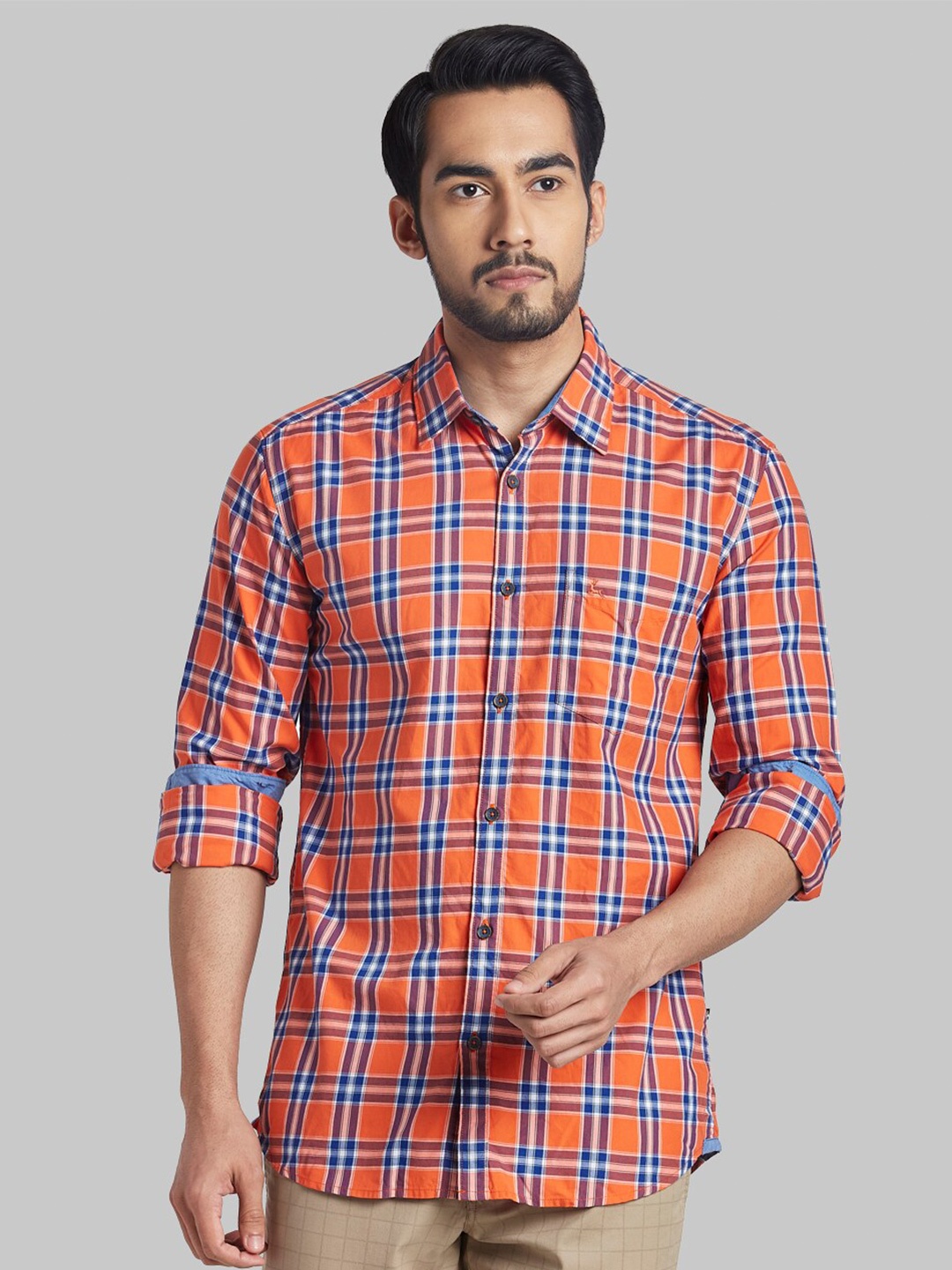 

Parx Men Orange Slim Fit Checked Casual Shirt