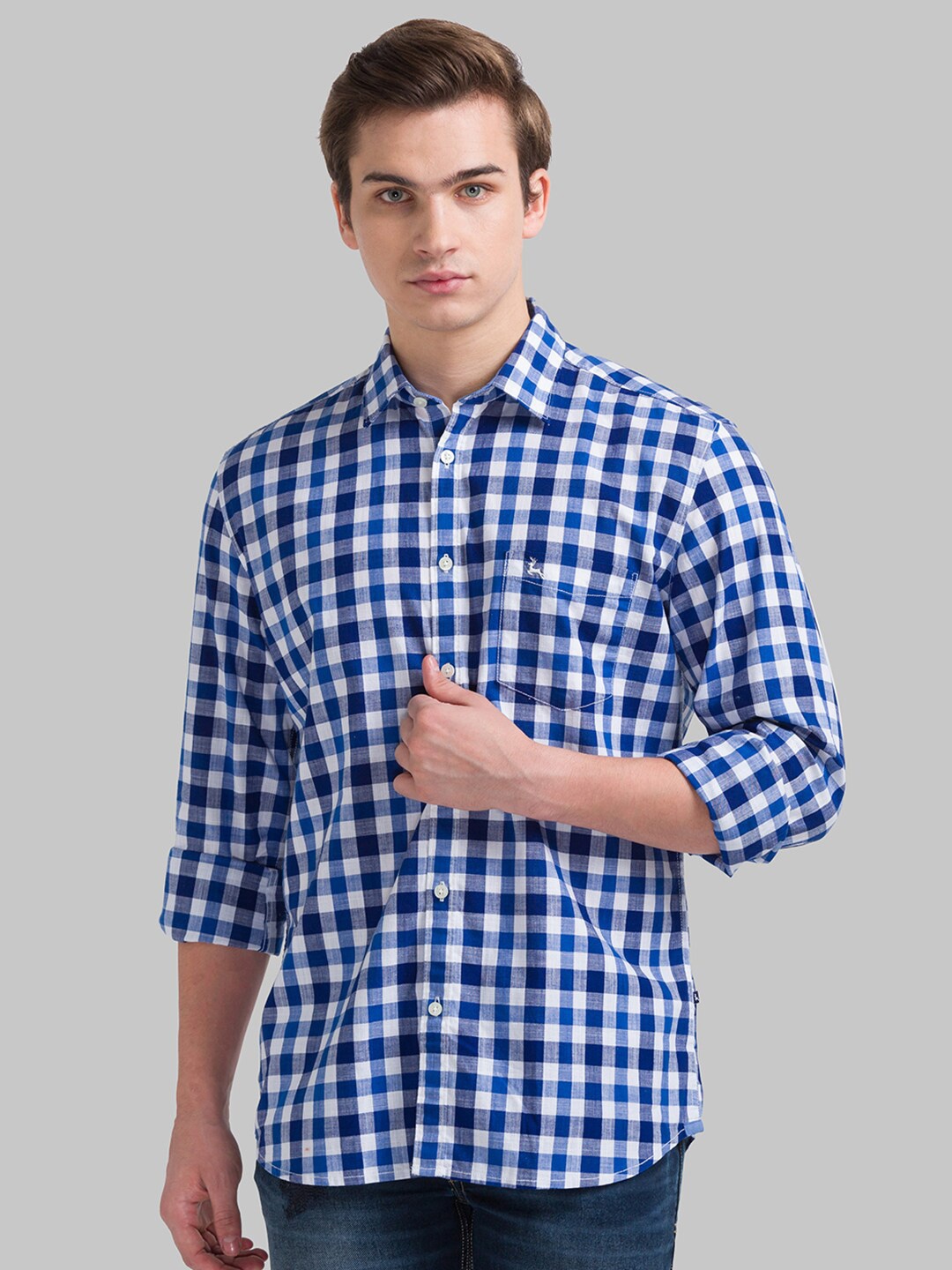 

Parx Men Blue Gingham Checked Cotton Slim Fit Casual Shirt