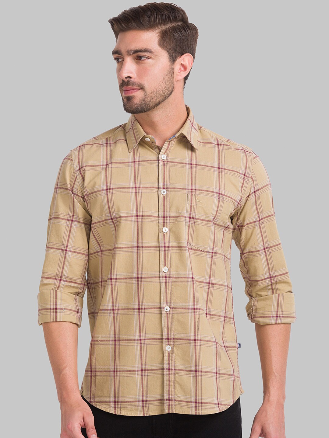 

Parx Men Beige Windowpane Checked Cotton Slim Fit Casual Shirt
