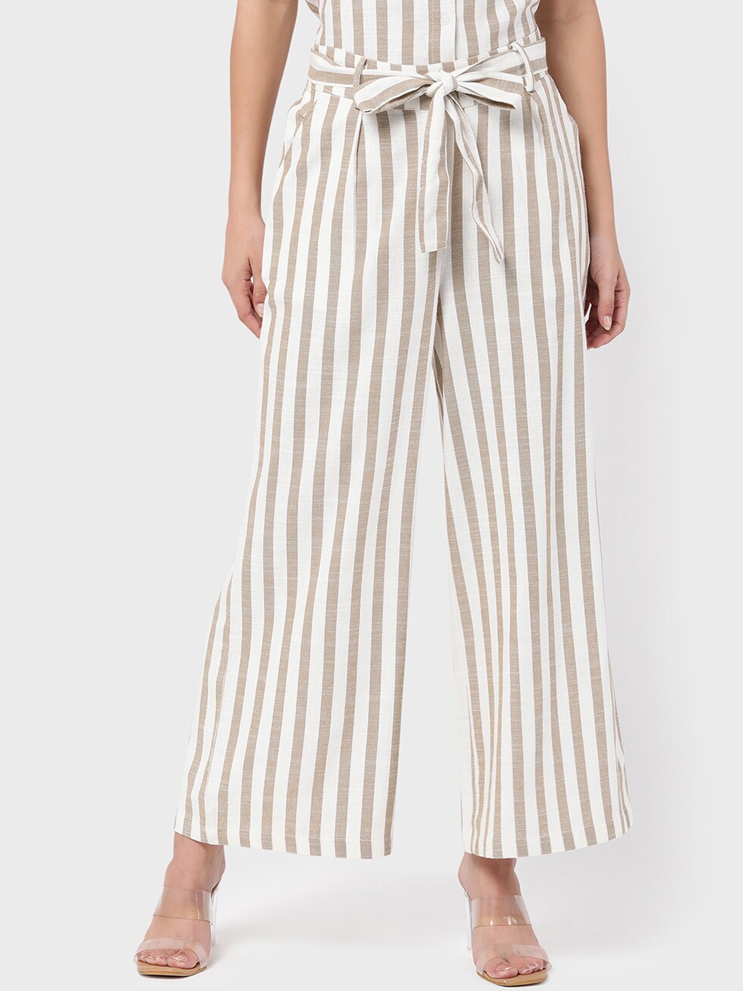 

R&B Women Beige Striped Flared Trousers