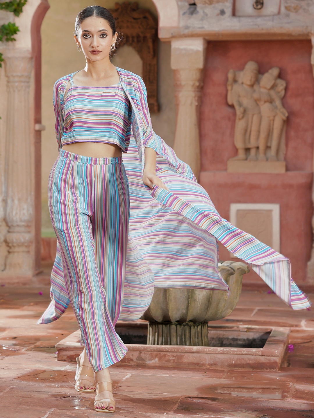 

Libas Women Stylish Blue Striped Top with Palazzos & shrug