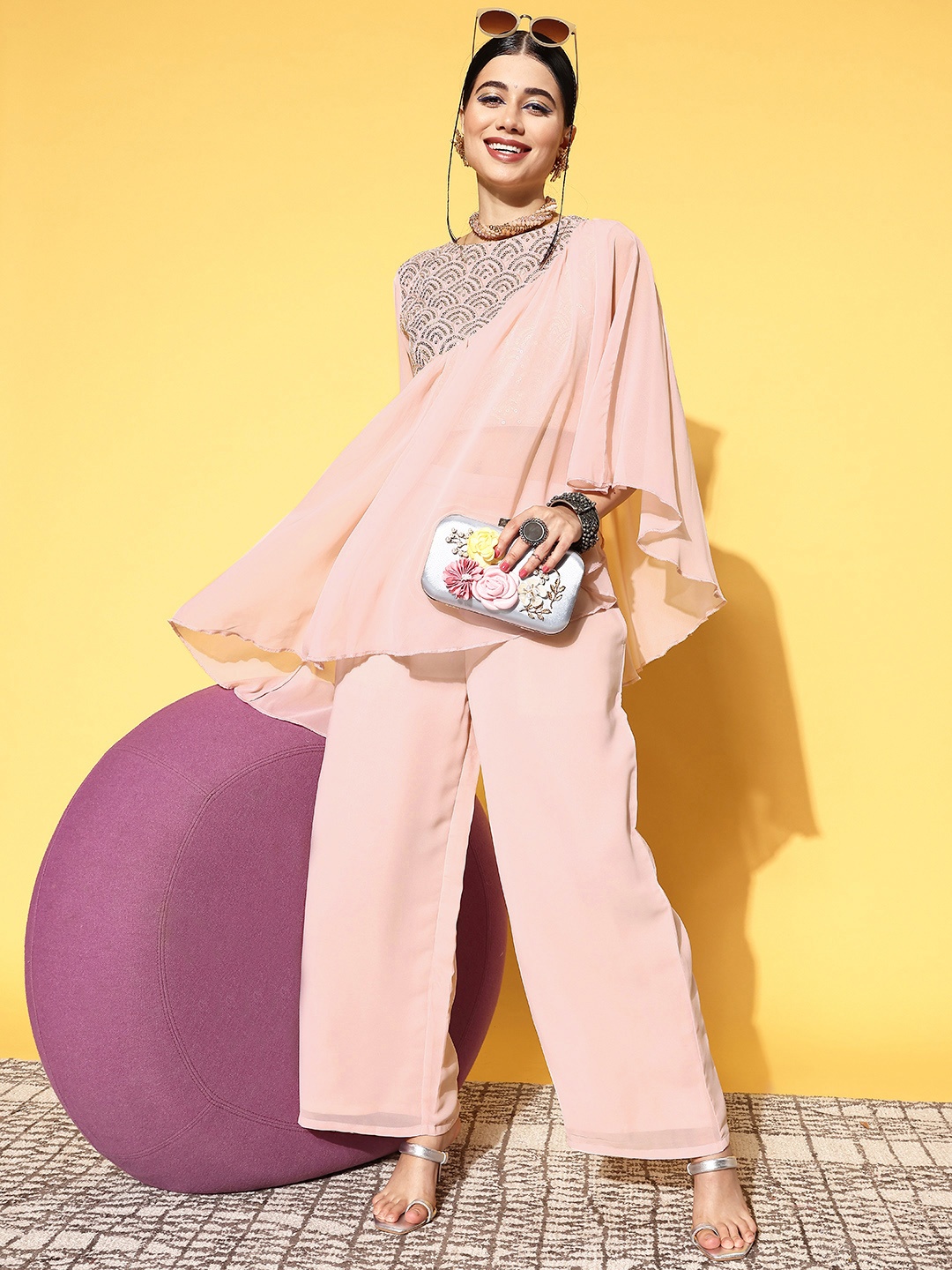 

Libas Women Pink Embellished Top with Solid Palazzos