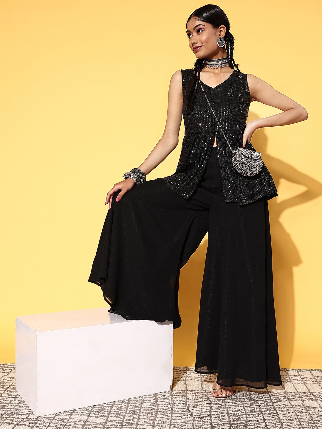 

Libas Women Stunning Black Embellished Top with Solid Palazzos