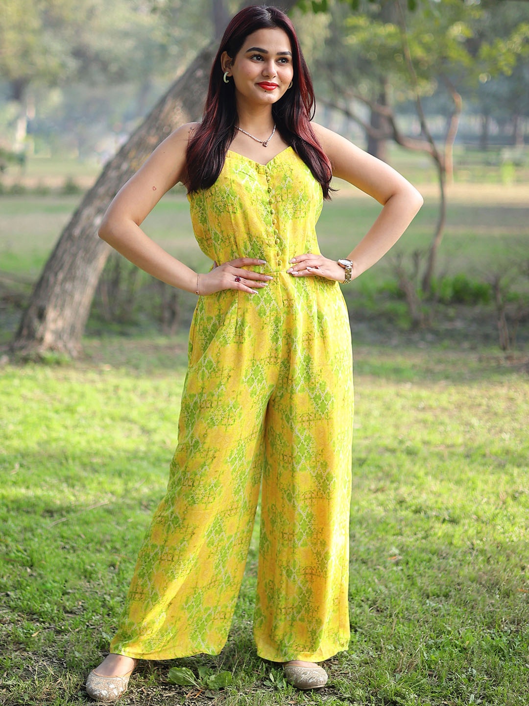

Libas Women Lime Green Printed Spaghetti Straps Jumpsuit