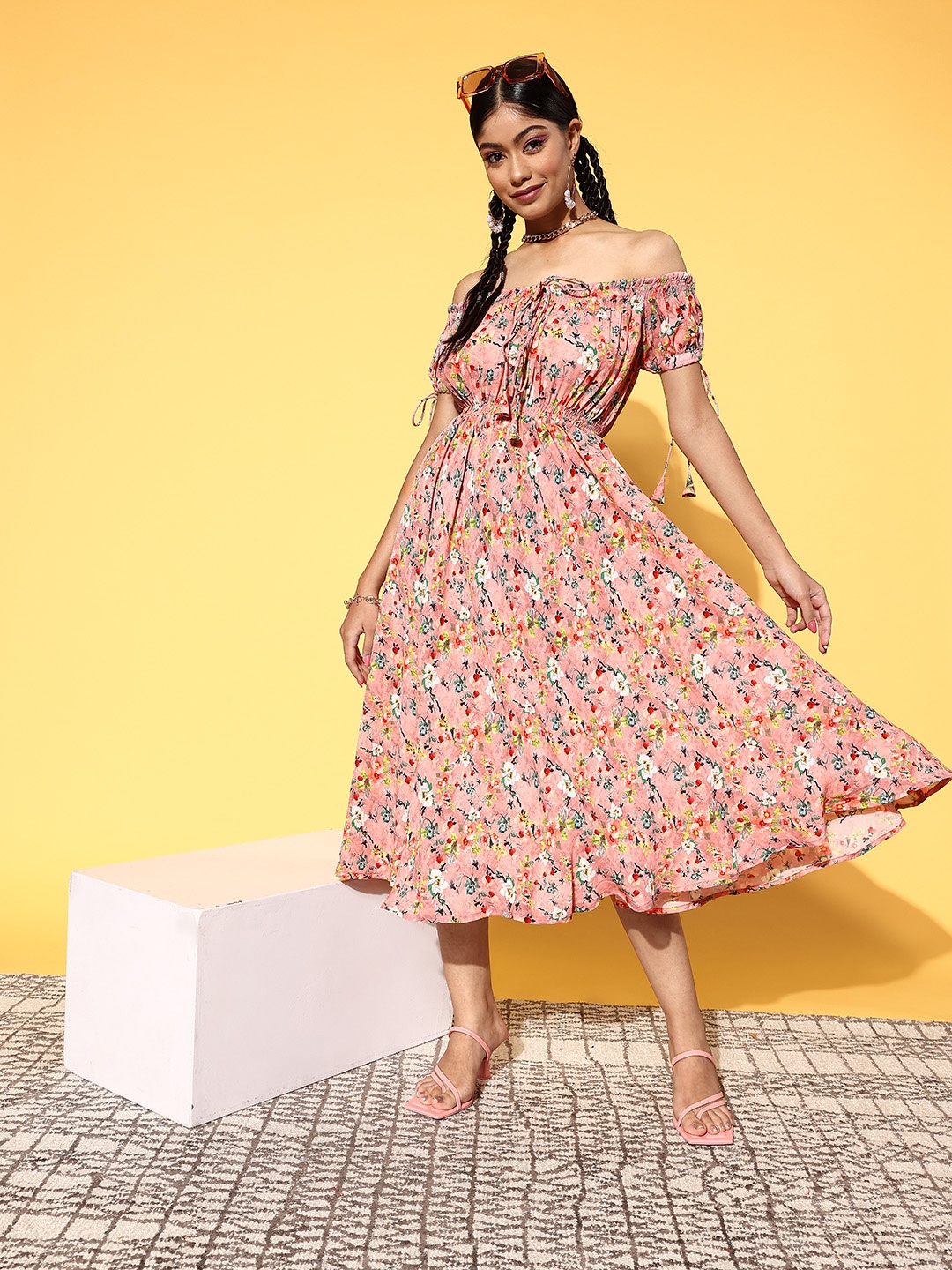 

Libas Women Pink Floral Fluid Tie-Up Dress