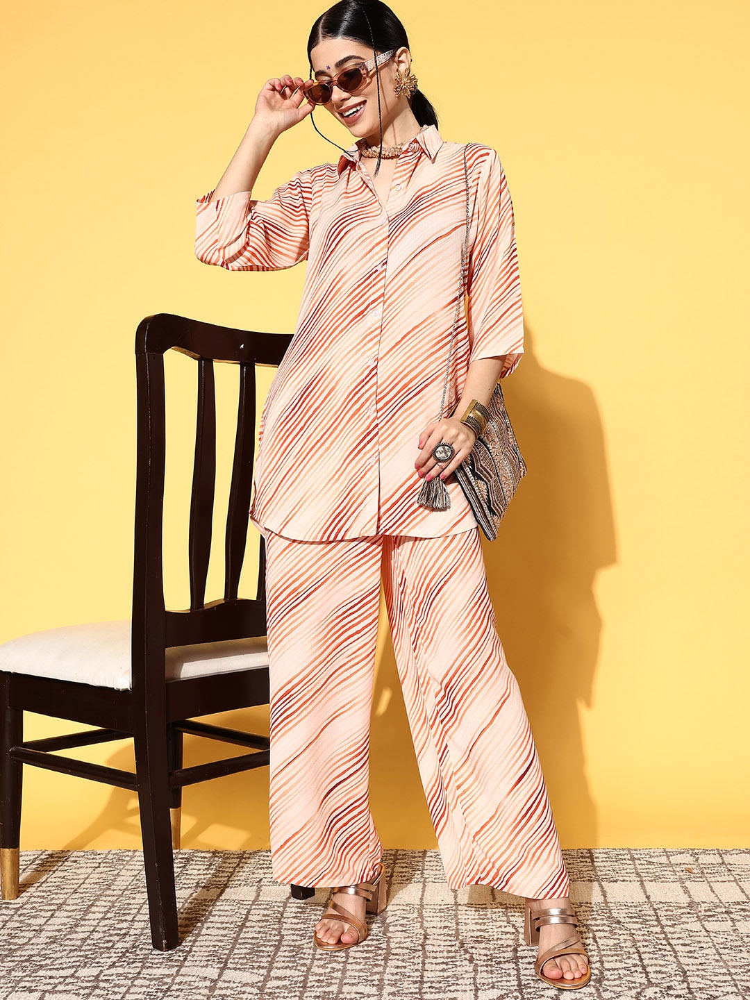 

Libas Women Elegant Peach Striped Shirt with Palazzos