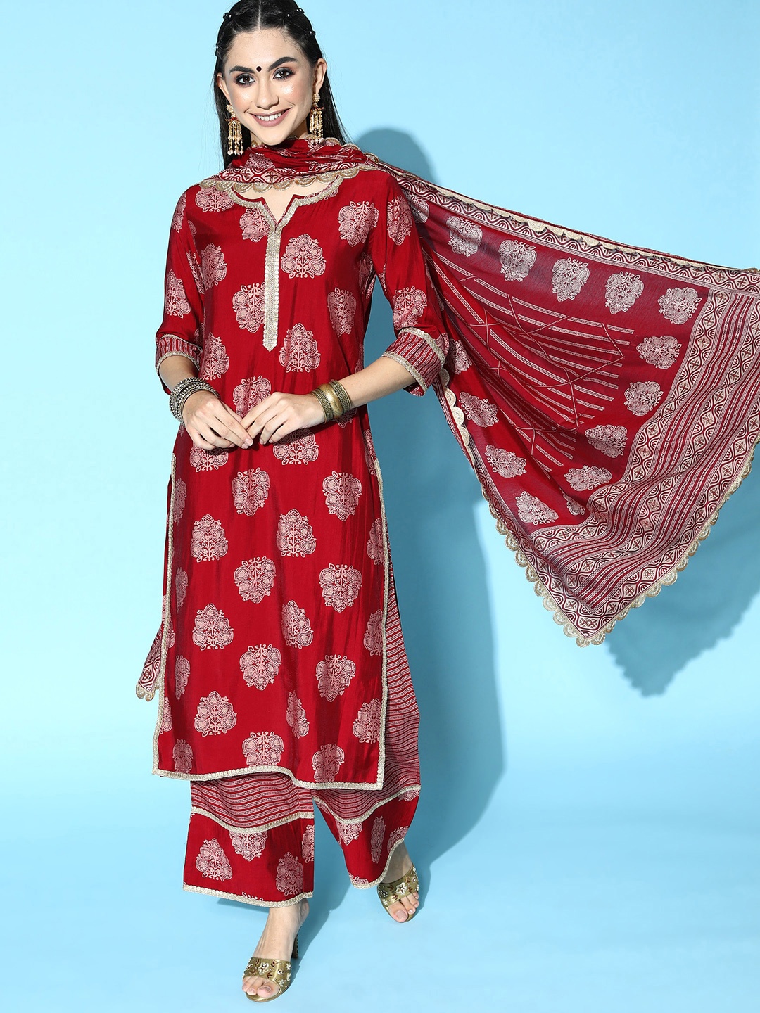 

Libas Women Maroon Silk Blend Print Parade Kurta Set