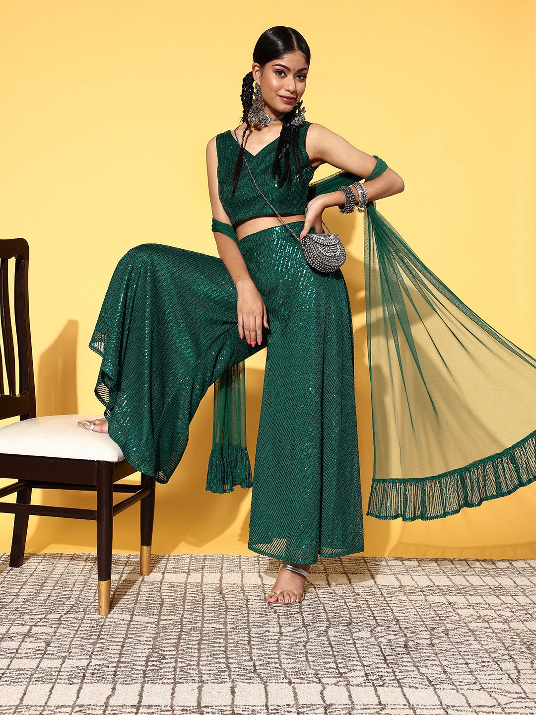 

Libas Women Gorgeous Green Embellished Top with Palazzos
