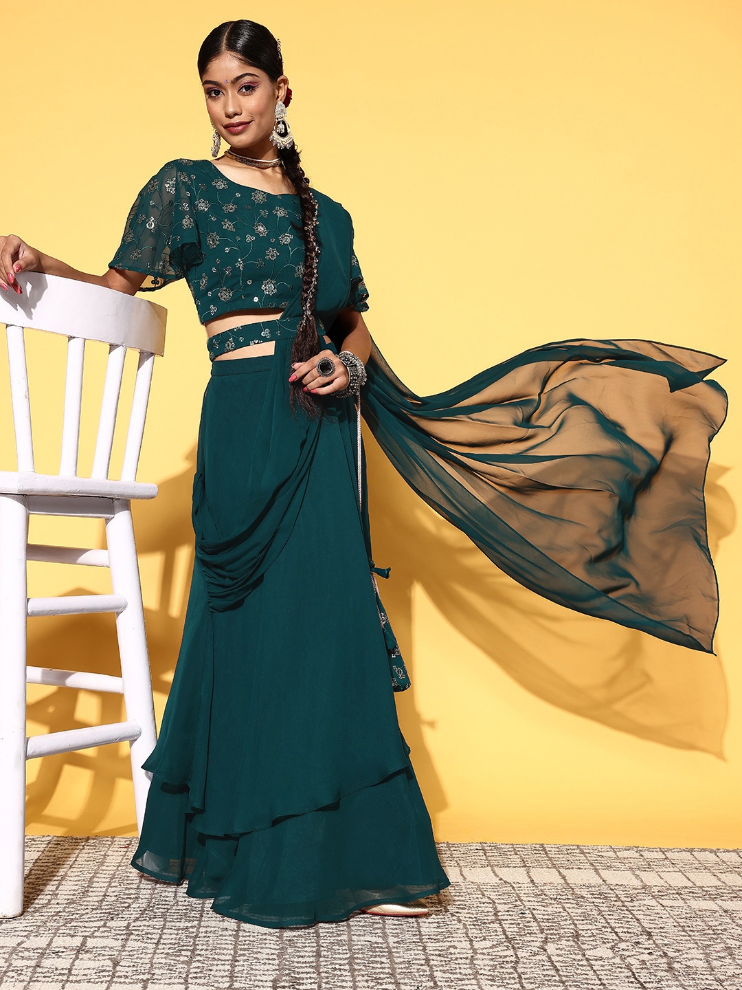 

Libas Gorgeous Green Embroidered Ready to Wear Lehenga Choli with Dupatta