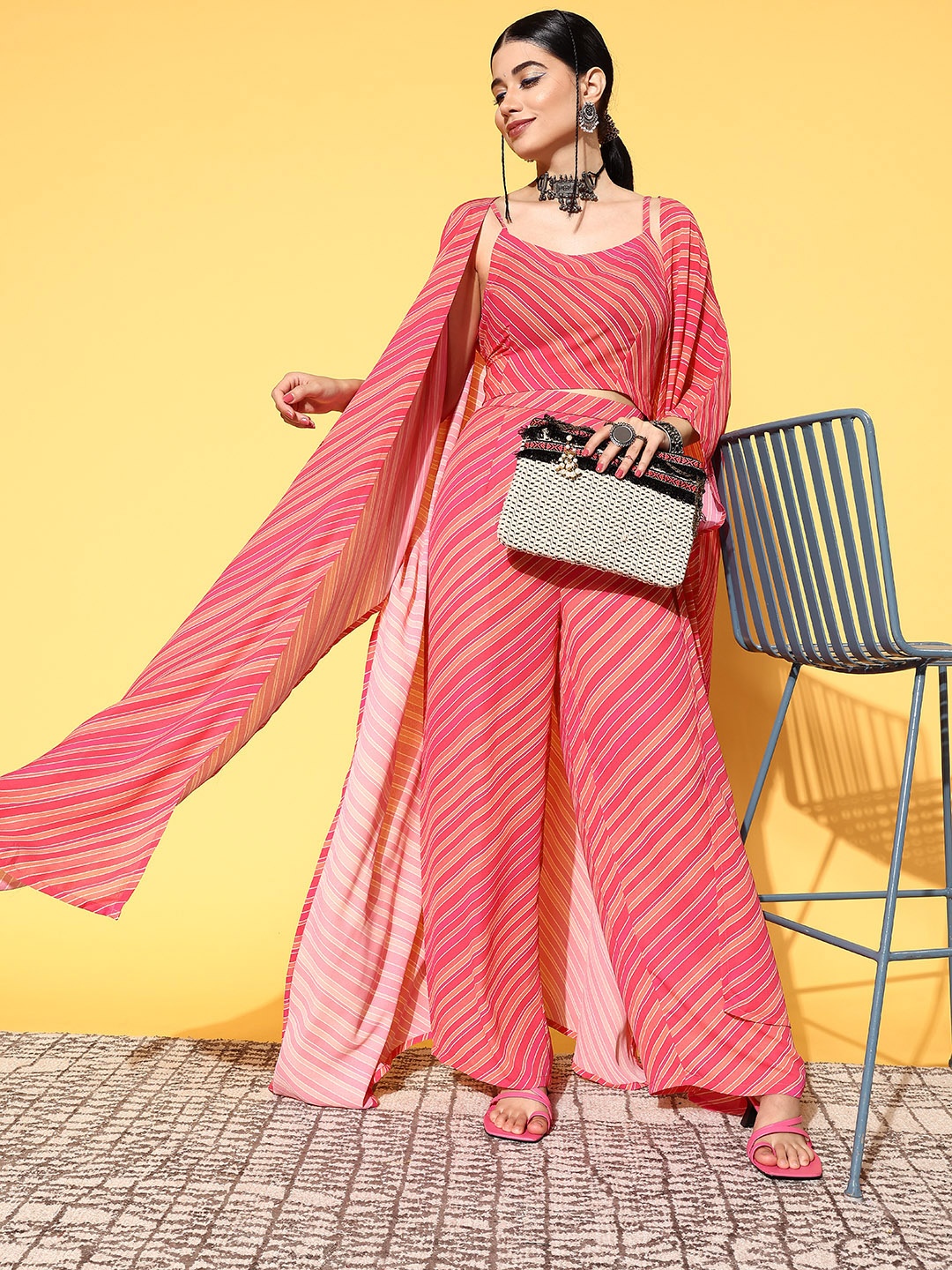 

Women Pink Striped Top with Palazzos & shrug