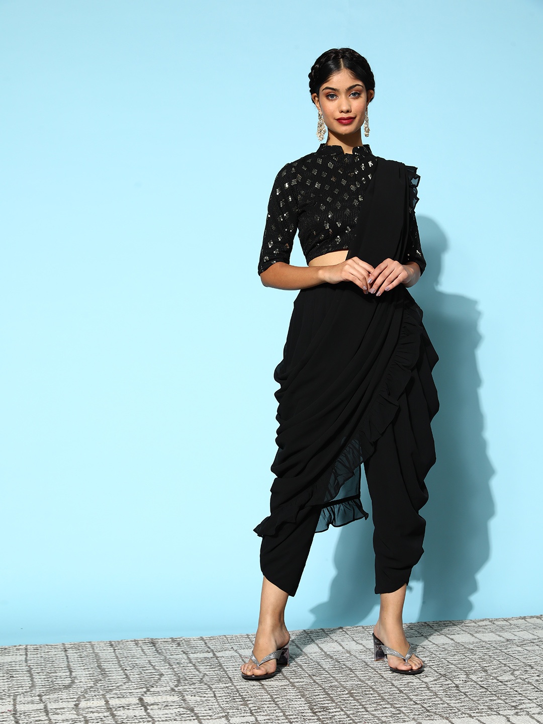 

Libas Solid Saree with Embellished Blouse, Black