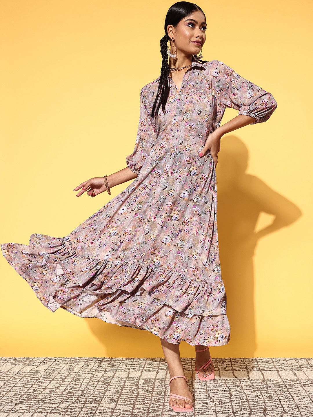 

Women Multi Floral Swirling Volume Dress