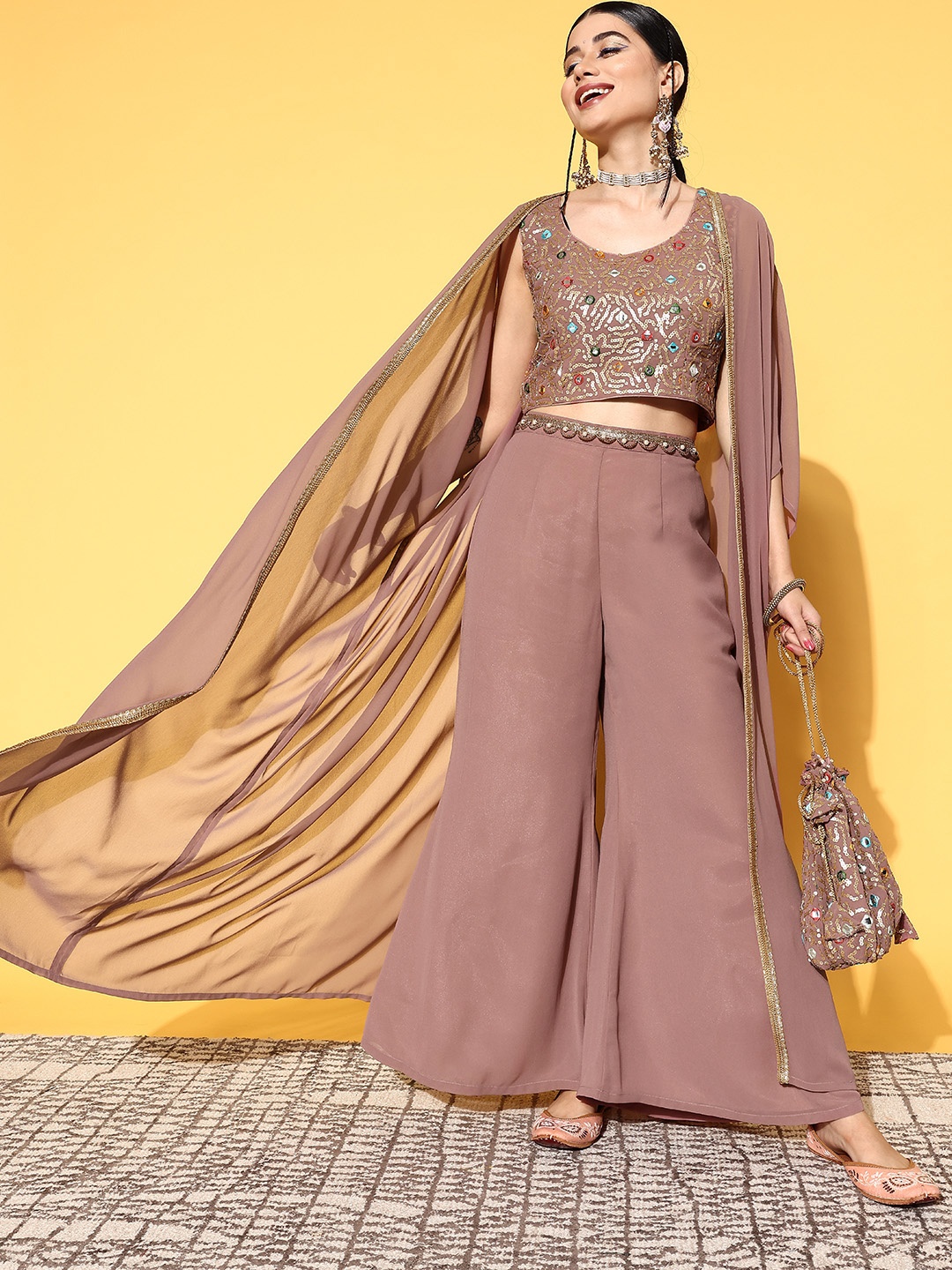 

Libas Women Mauve Embellished Top with Solid Palazzos & Shrug and Potli