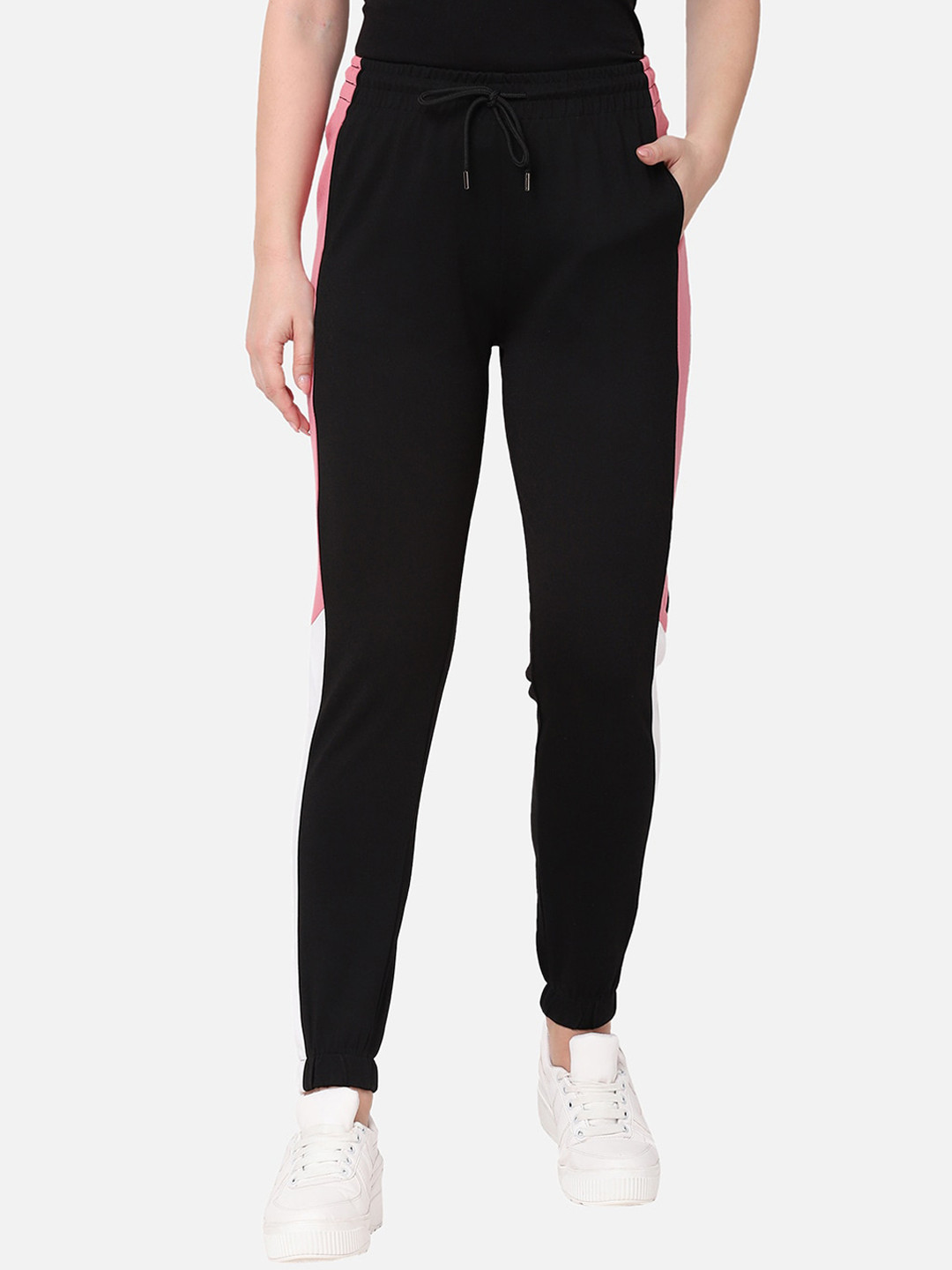 

R&B Women Black Solid Side Tape Jogger Track Pant