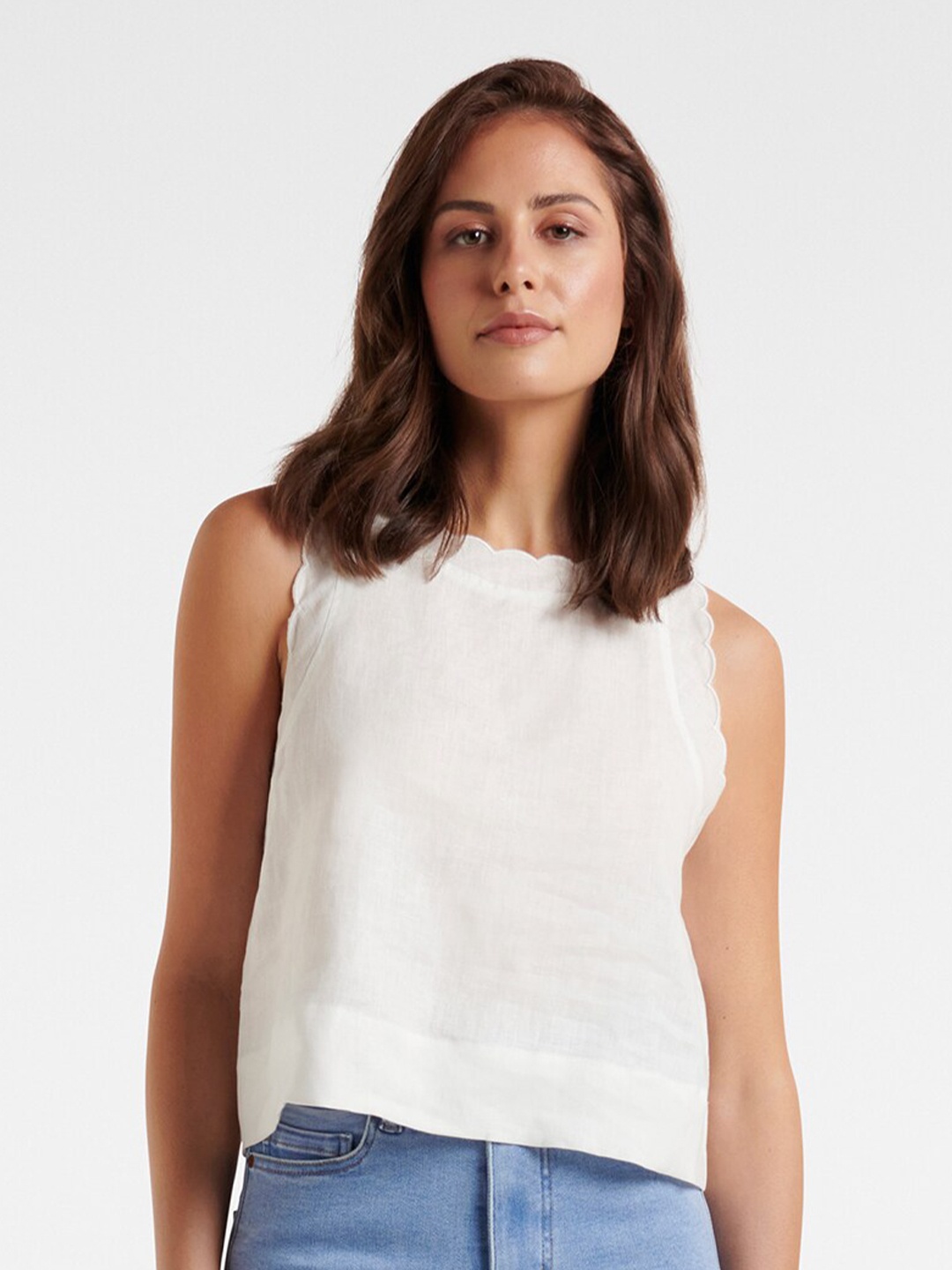 

Forever New Women White Linen Scallop Trim Top