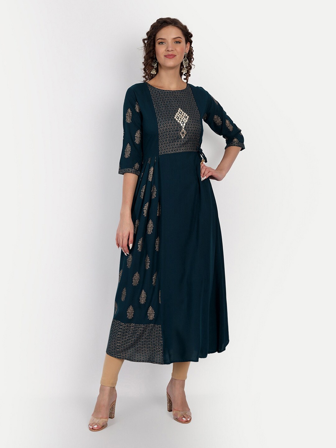 

Happy Design Women Teal Ethnic Motifs Printed Floral Anarkali Kurta