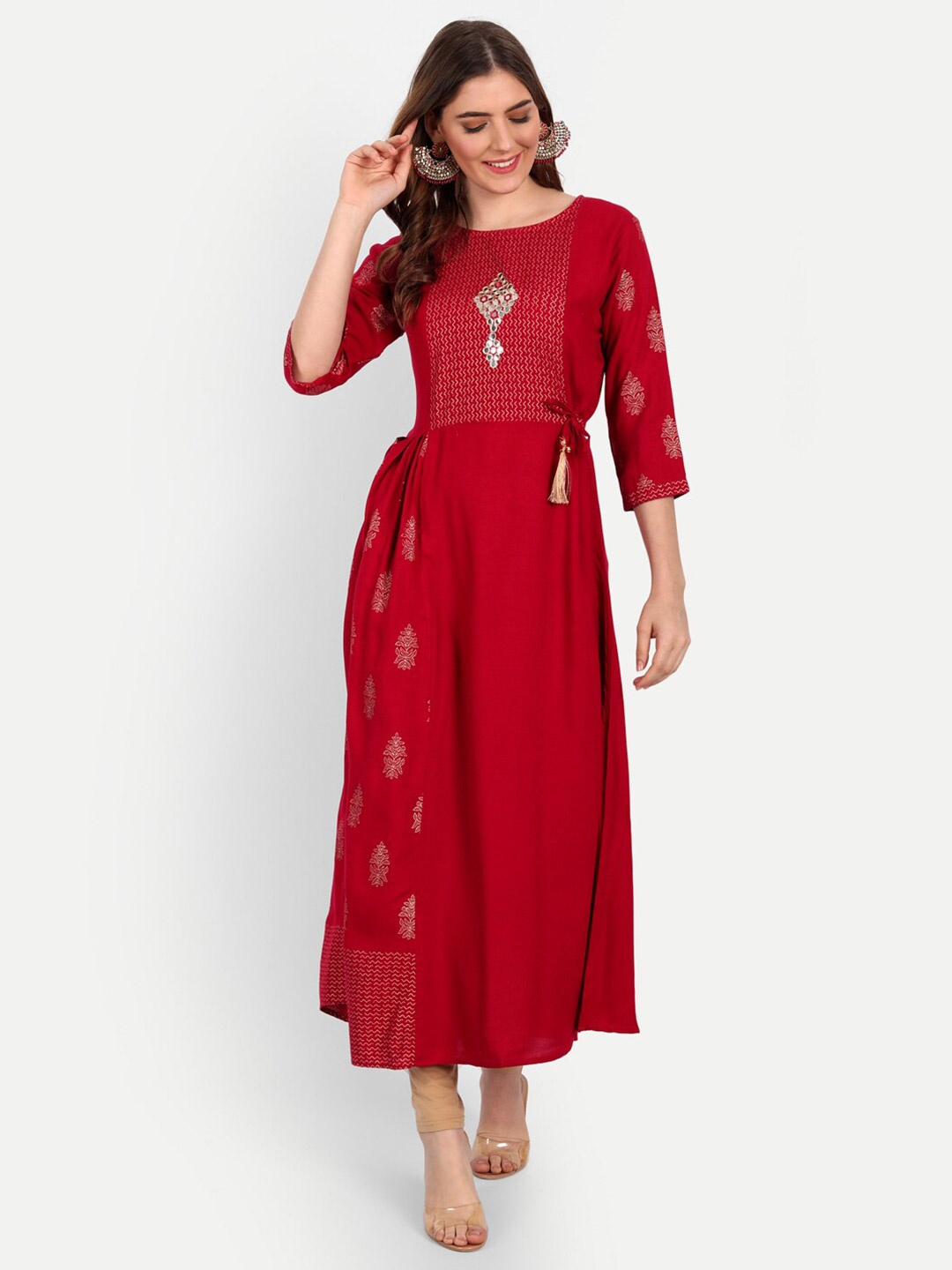 

Happy Design Red Ethnic Motifs Printed Mirror Work Anarkali Kurta