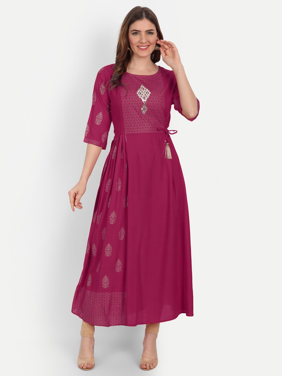 

Happy Design Women Magenta Ethnic Motifs Printed Mirror Work Anarkali Kurta