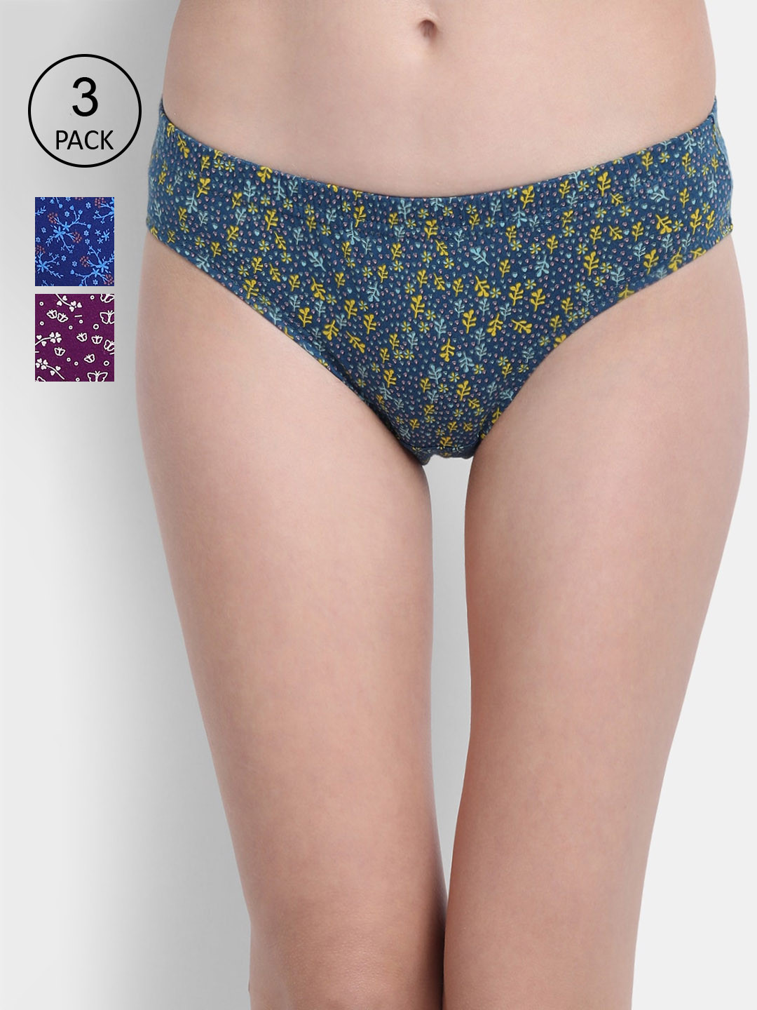 

VStar Women Pack Of 3 Pure Combed Cotton Mid rise inner elastic printed Bikini Briefs, Blue