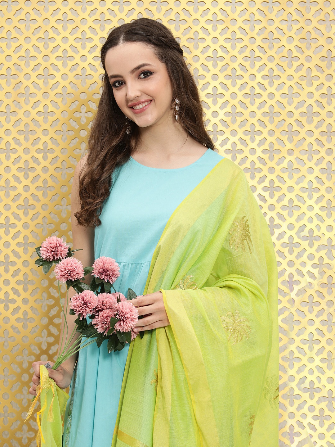 

Ode by House of Pataudi Lime Green Ethnic Motifs Embroidered Dupatta