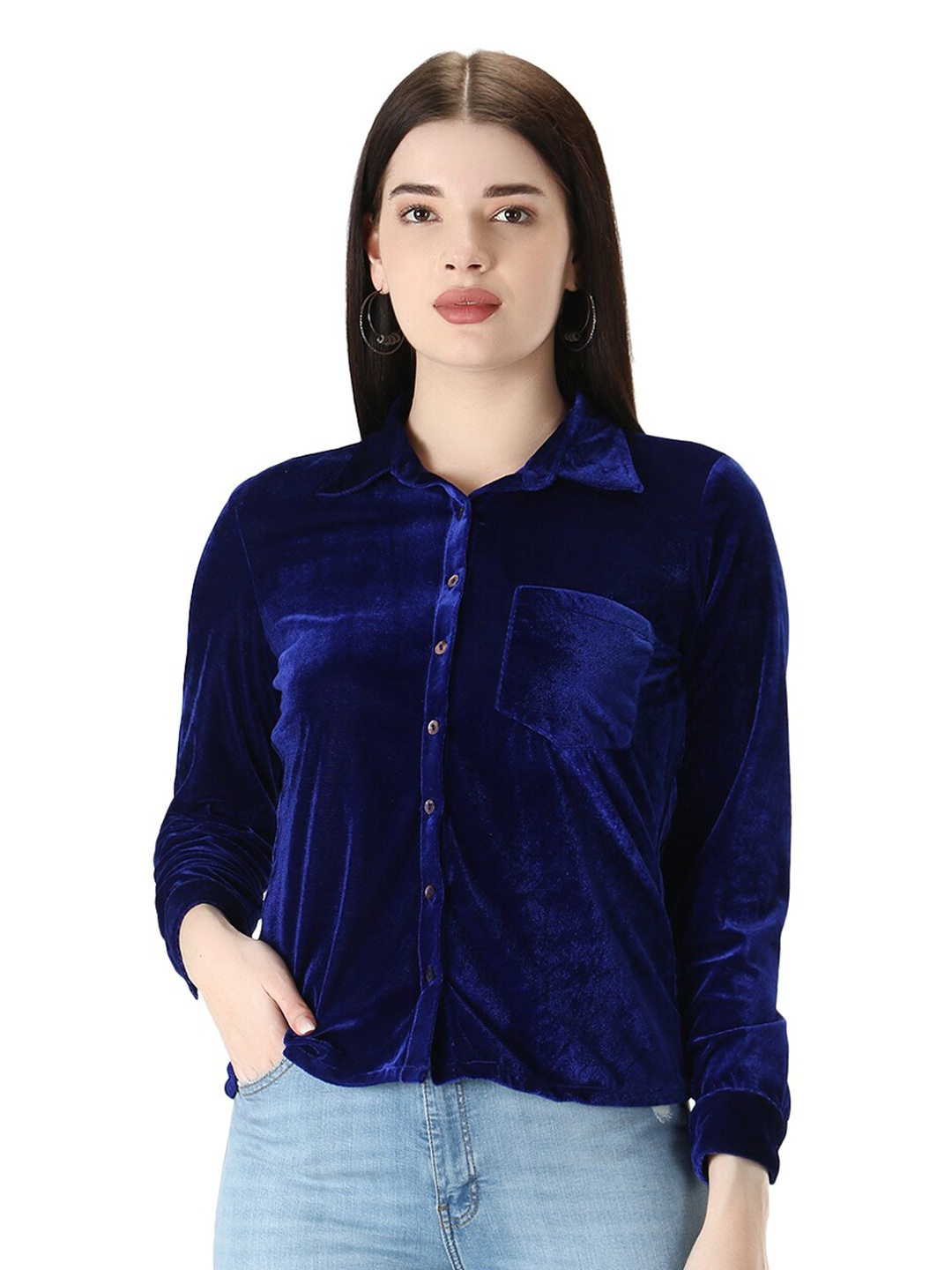 

D 'VESH Women Blue velvet design fabric Standard semi Formal Shirt