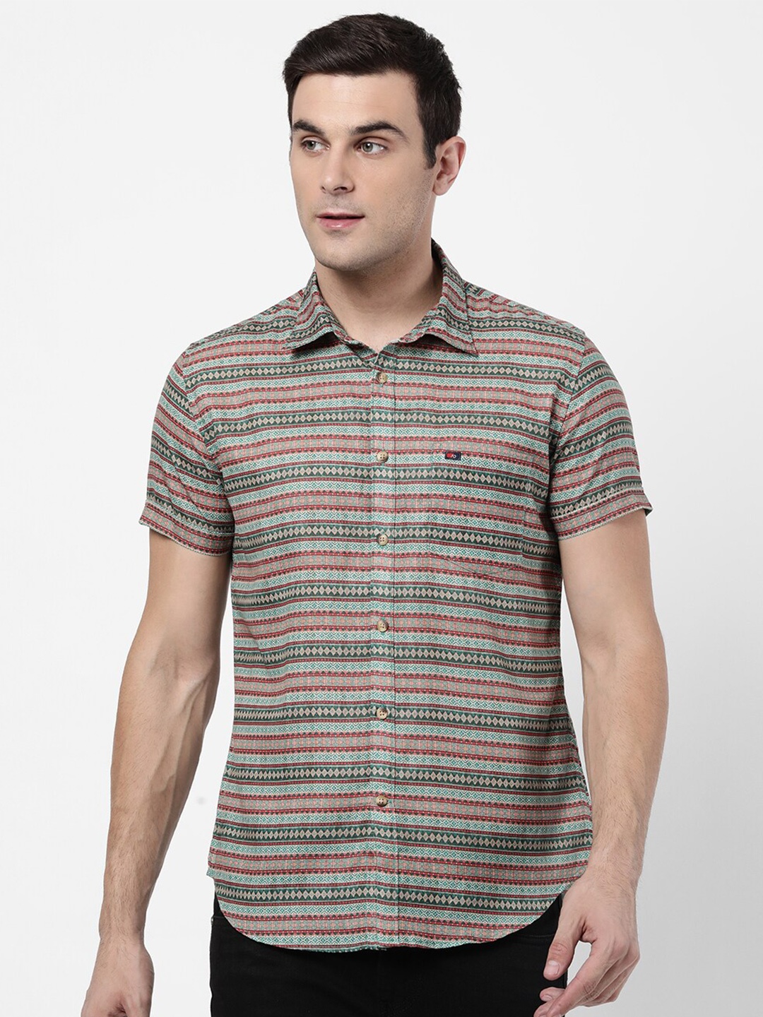 

AD By Arvind Men Olive Green Slim Fit Horizontal Stripes Striped Casual Shirt