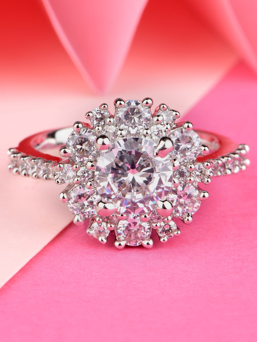 

Lilly & sparkle Silver-Toned & White Rhodium-Plated CZ-Studded Finger Ring