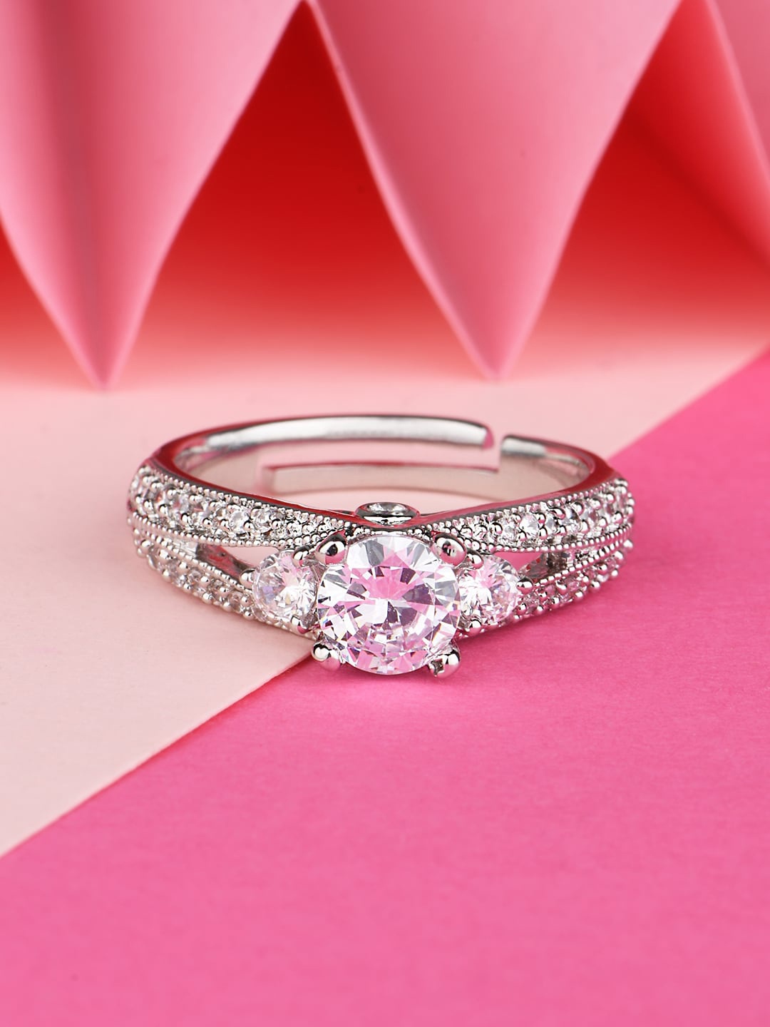

Lilly & sparkle Silver-Toned & White Rhodium-Plated CZ-Studded Finger Ring