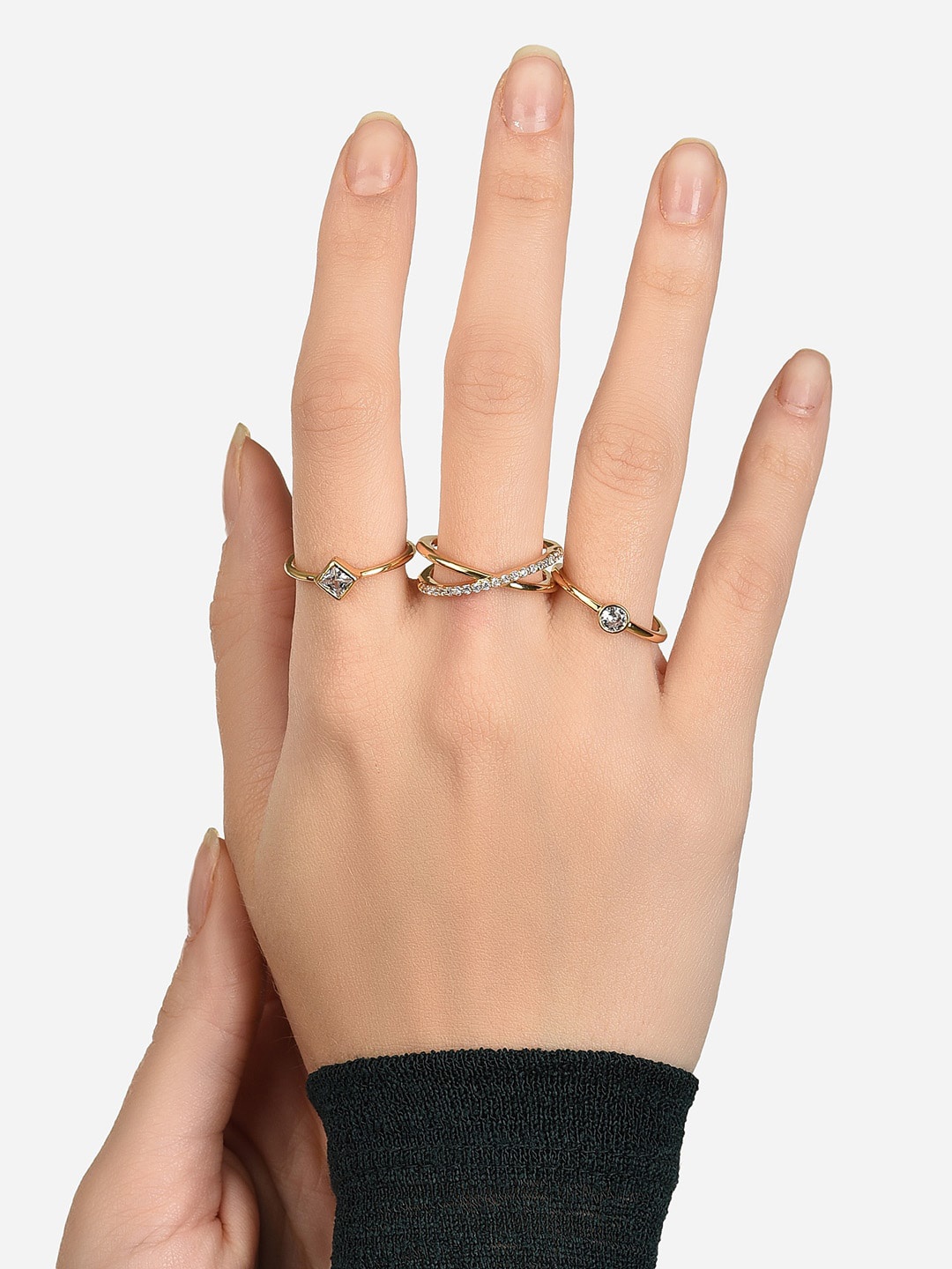 

Lilly & sparkle Brass Gold-Plated CZ Stone Studded Finger Rings Set Of 3