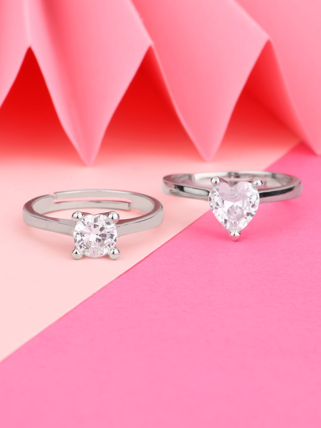 

Lilly & sparkle Set Of 2 Silver-Toned & White Rhodium-Plated CZ Studded Ring