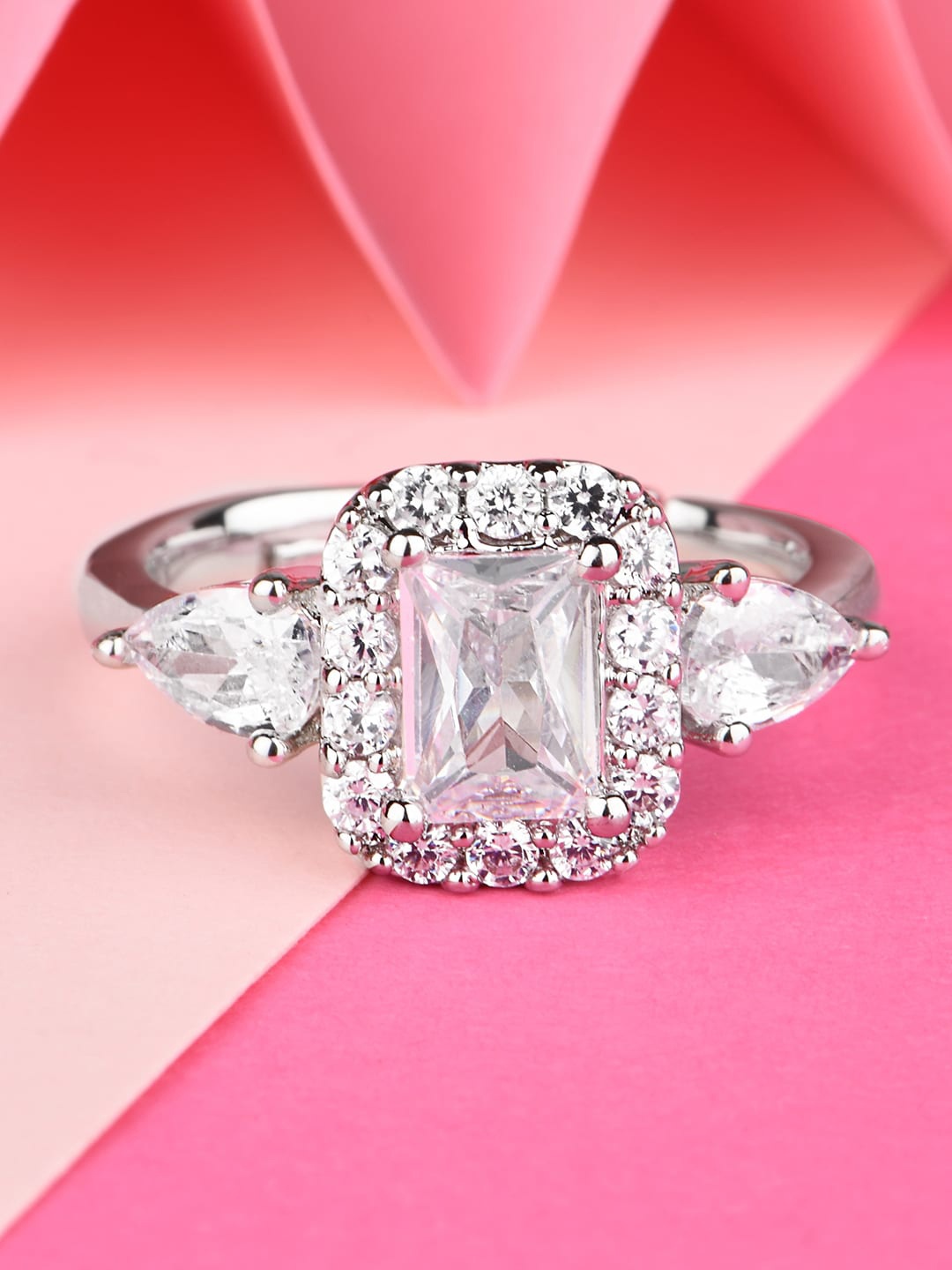 

Lilly & sparkle Silver-Toned & White Rhodium Plated CZ Studded Finger Ring