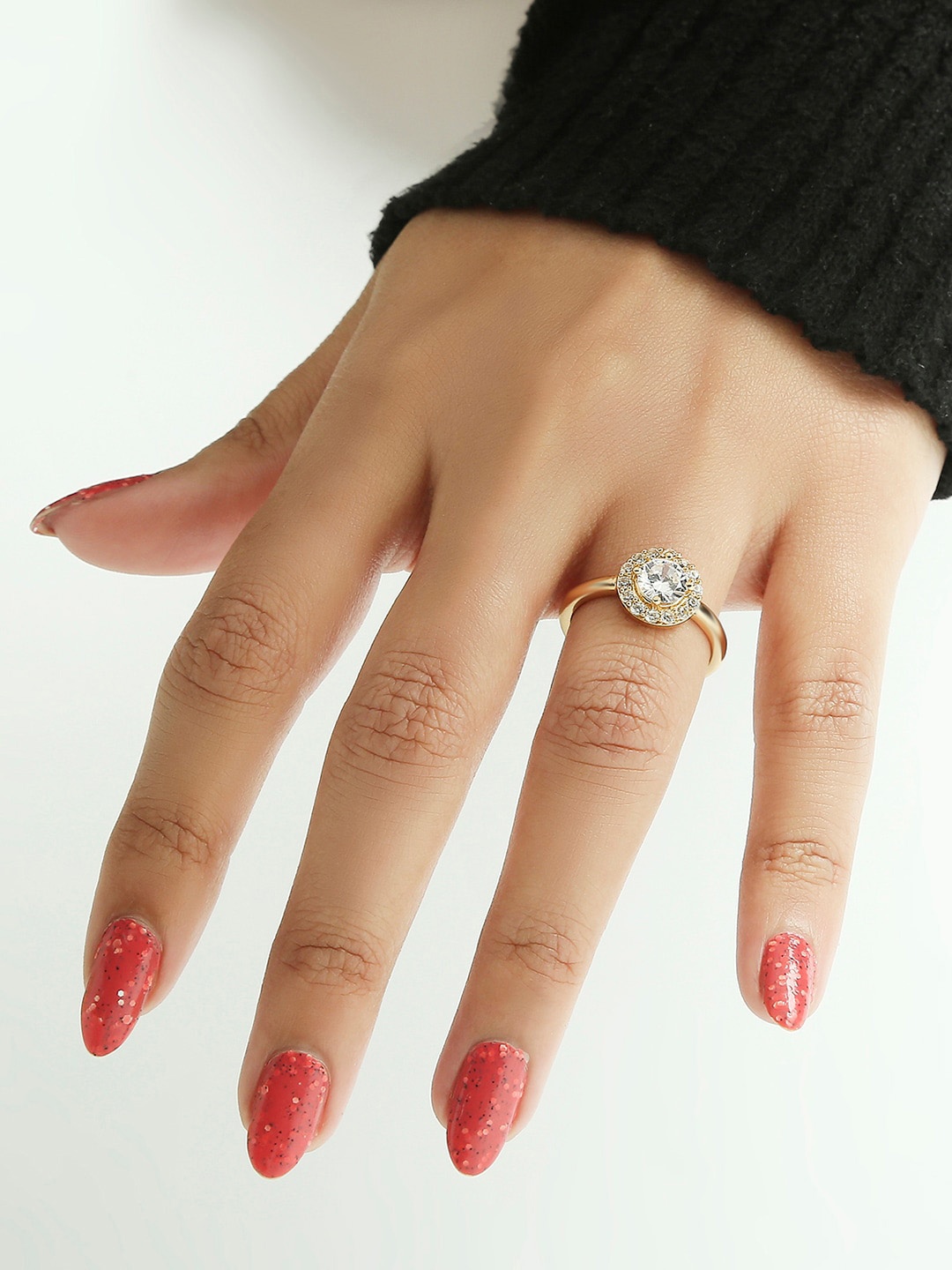 

Lilly & sparkle White & Rose Gold-Plated CZ Studded Finger Ring