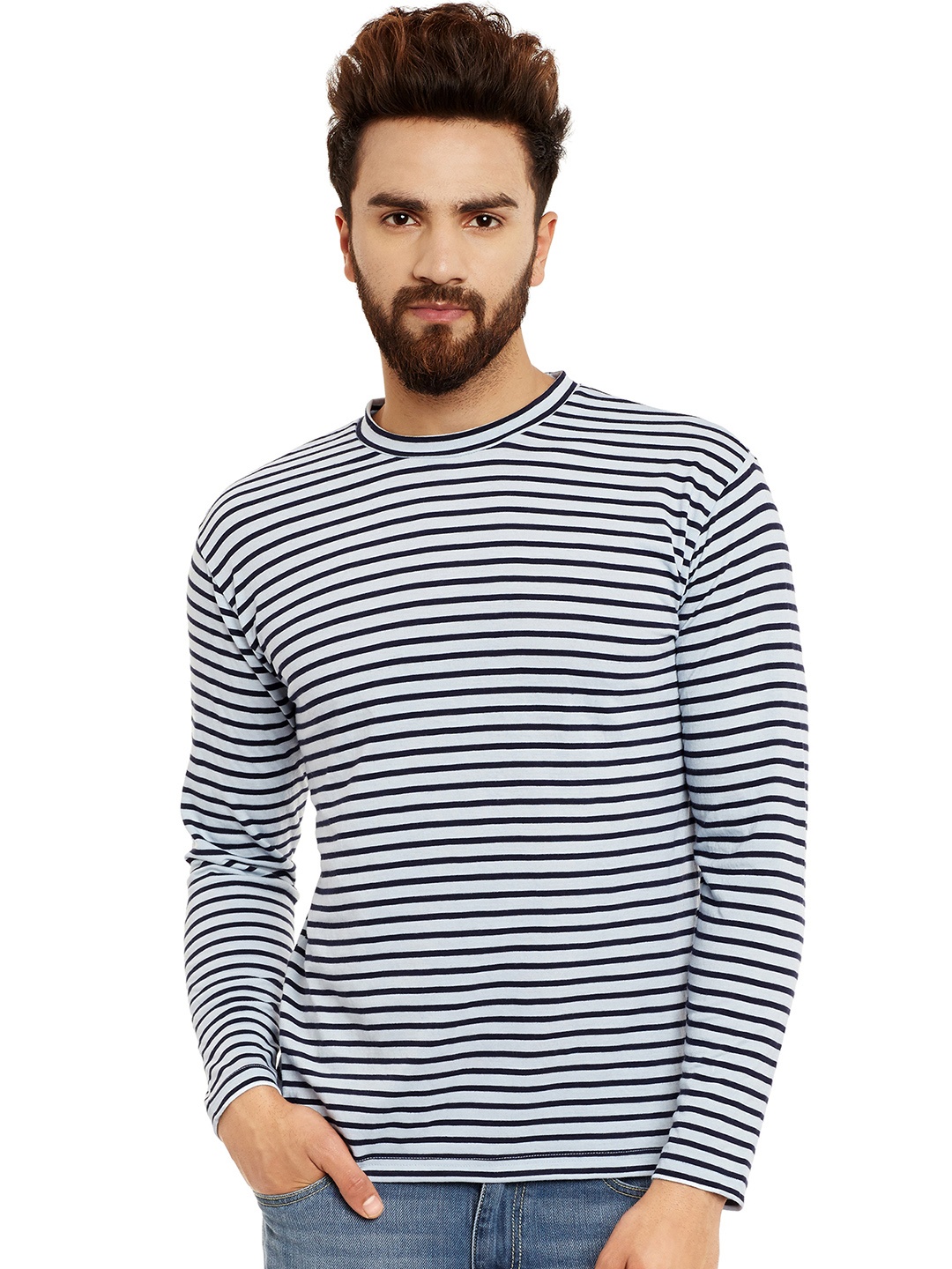 

Hypernation Men White & Navy Striped Round Neck T-shirt