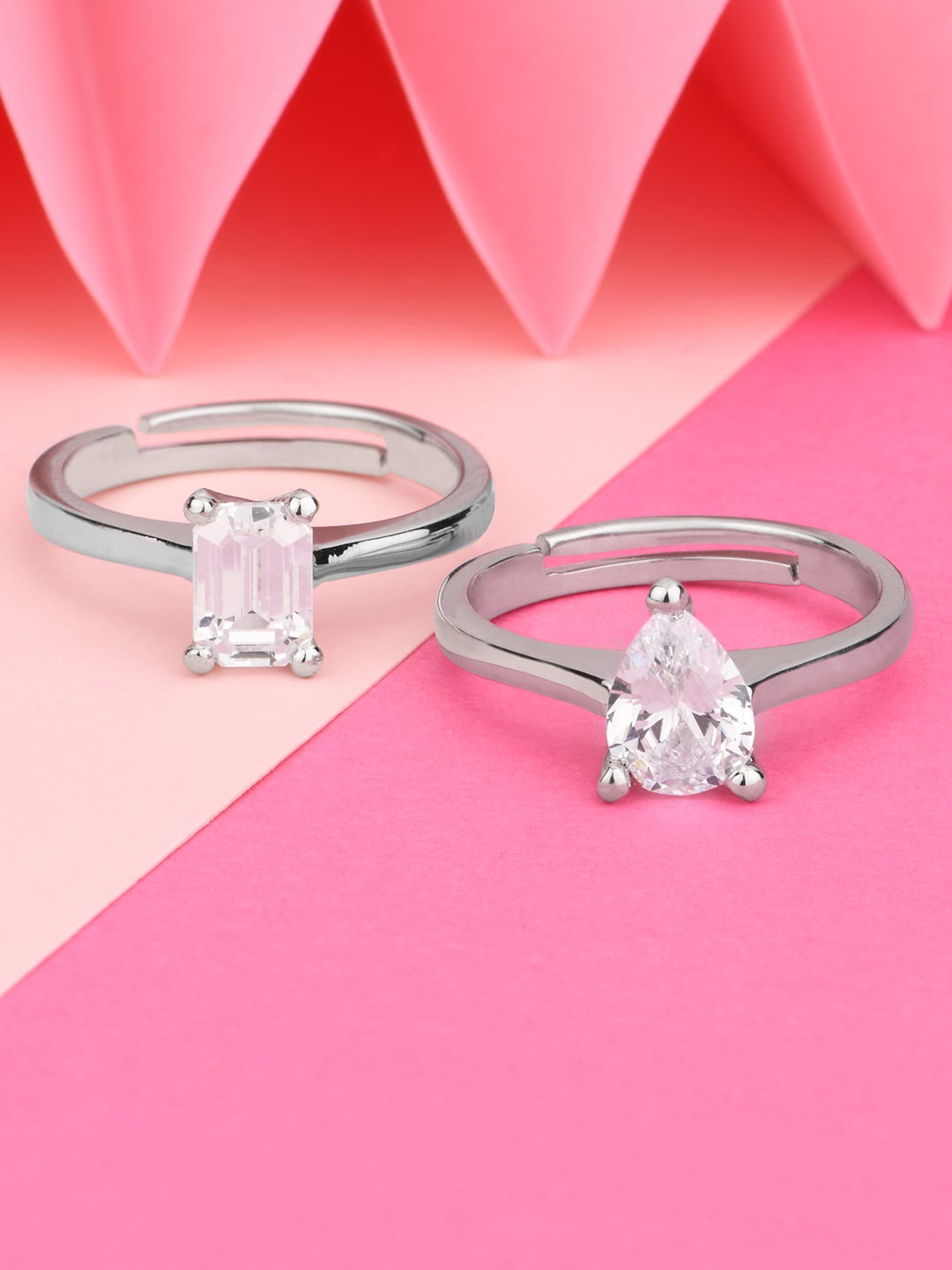 

Lilly & sparkle Set Of 2 White & Silver-Toned Rhodium-Plated CZ Studded Finger Ring