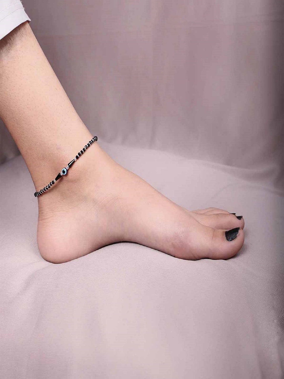 

Arte Jewels 925 Sterling Silver Beaded Nazariya Evil Eye Anklet, Black