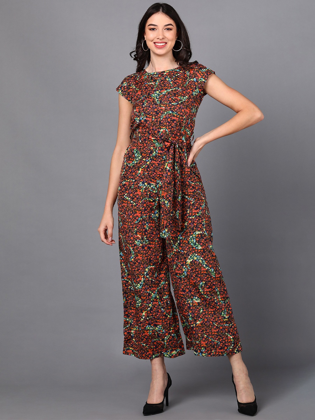 

Fashfun Brown & Orange Printed Basic Jumpsuit