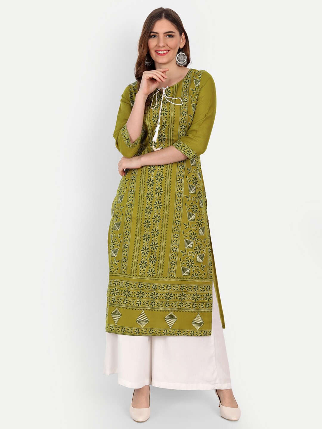 

Happy Design Women Green & White Ethnic Motifs Printed Kurta