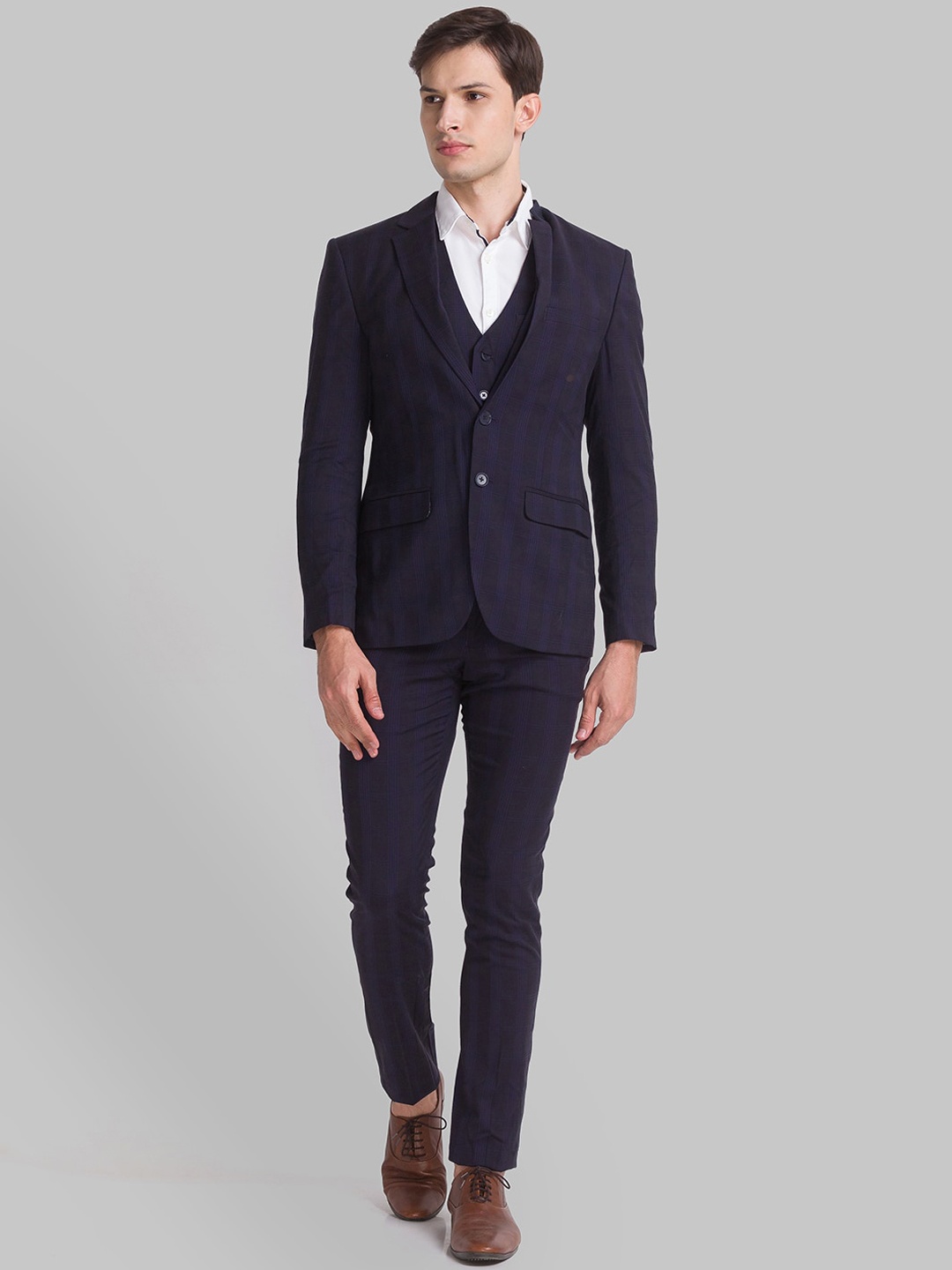 

Parx Men Navy Blue & Black Checked Single-Breasted Two-Piece Formal Suit