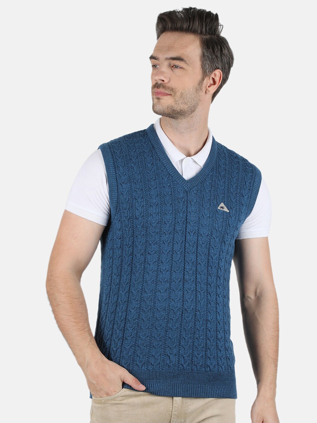 

Monte Carlo Men Blue Cable Knit Pure Wool V-Neck Sweater Vest