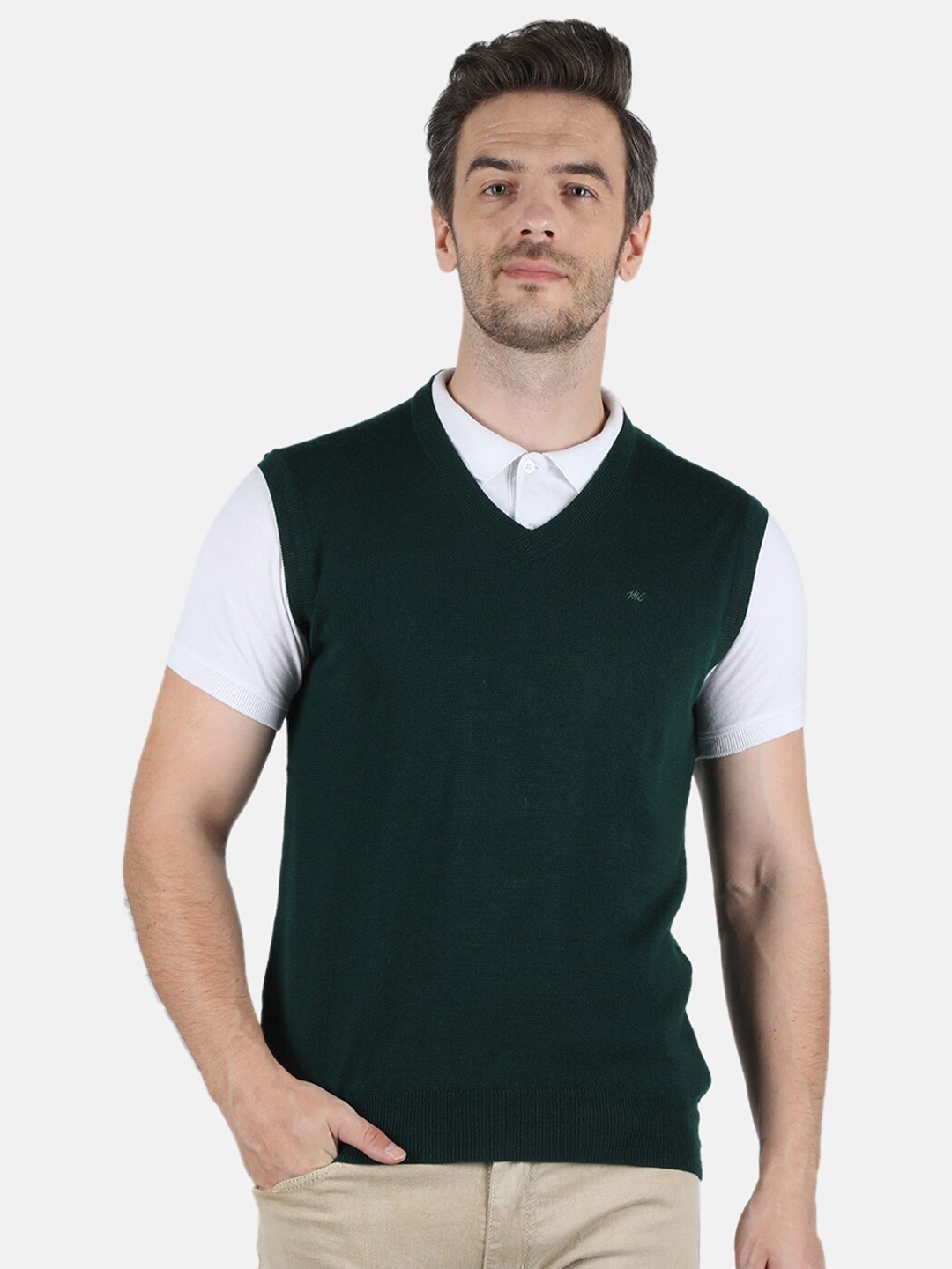 

Monte Carlo Men Green Pure Wool V Neck Sweater Vest