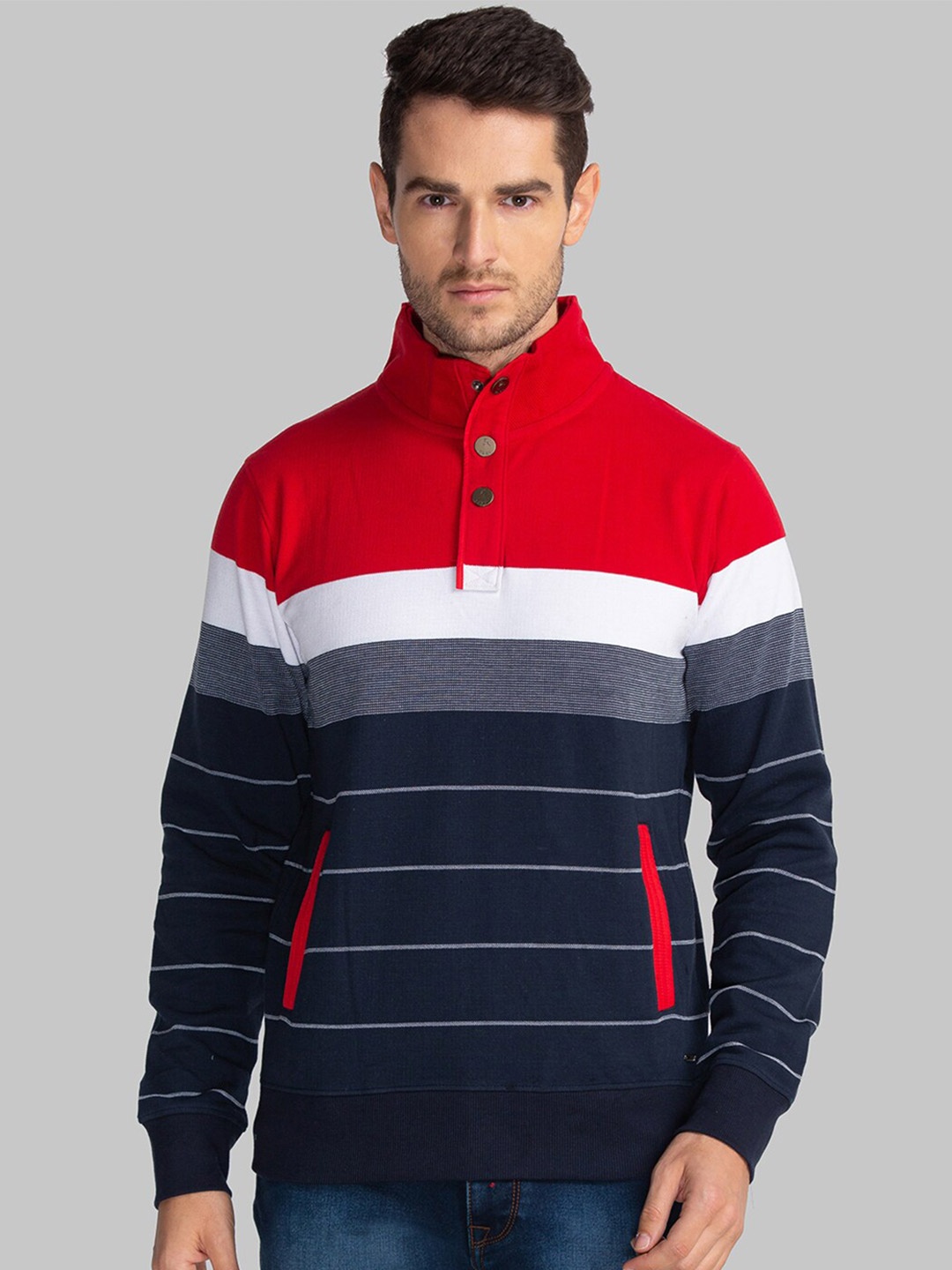 

Parx Men Red & Navy Blue Striped Sweatshirt