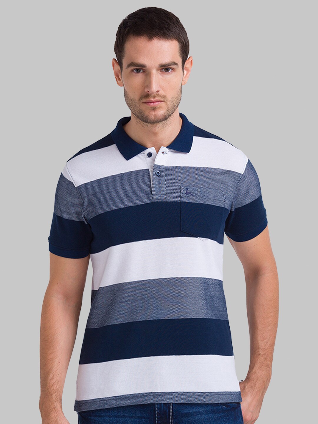

Parx Men Blue & White Striped Polo Collar T-shirt